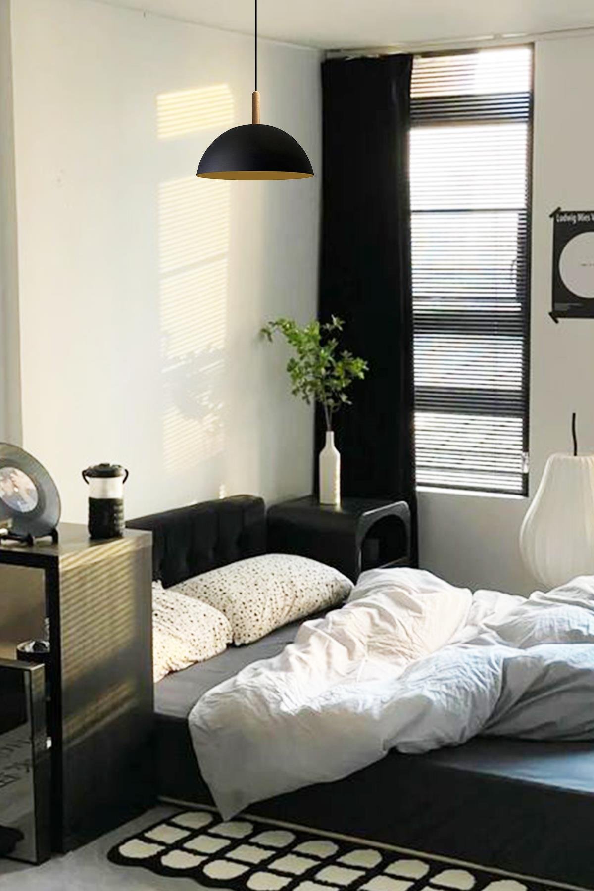 Bamyum Lipeo Siyah Avize Ahşap Başlık Tekli Sarkıt Salon Mutfak Kuaför Cafe Lamba Dekoratif