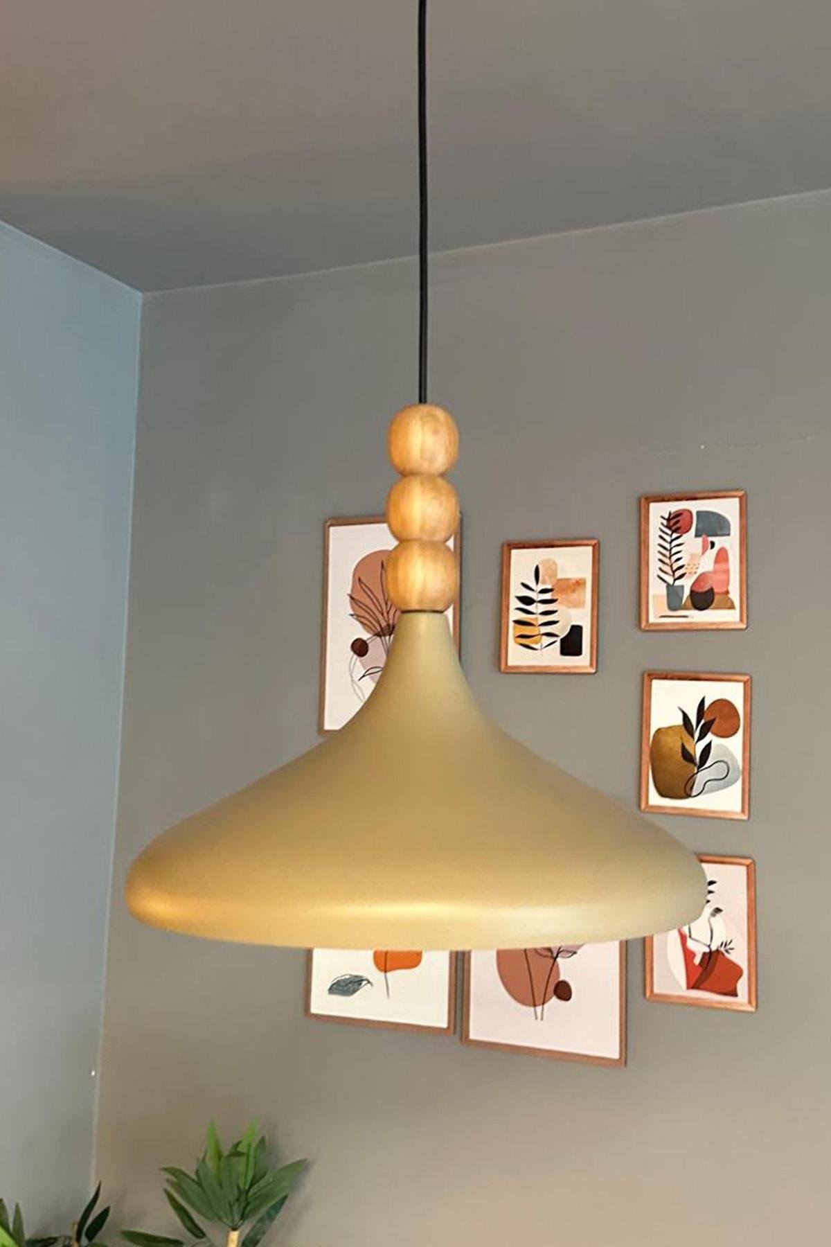 Bej Champion Ahşap Boncuklu Tekli Avize Sarkıt Salon Mutfak Butik Lamba Aydınlatma Avizeler