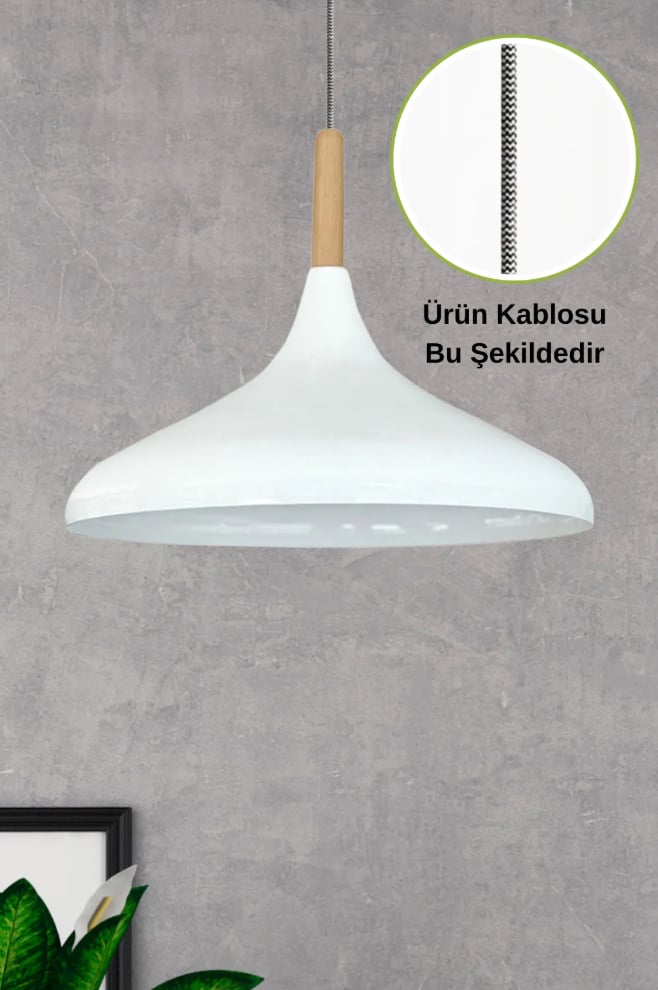 Beyaz İç Beyaz Ütü Kablo Ahşap Tekli Avize Sarkıt Salon Mutfak Lamba Aydınlatma Avizeler