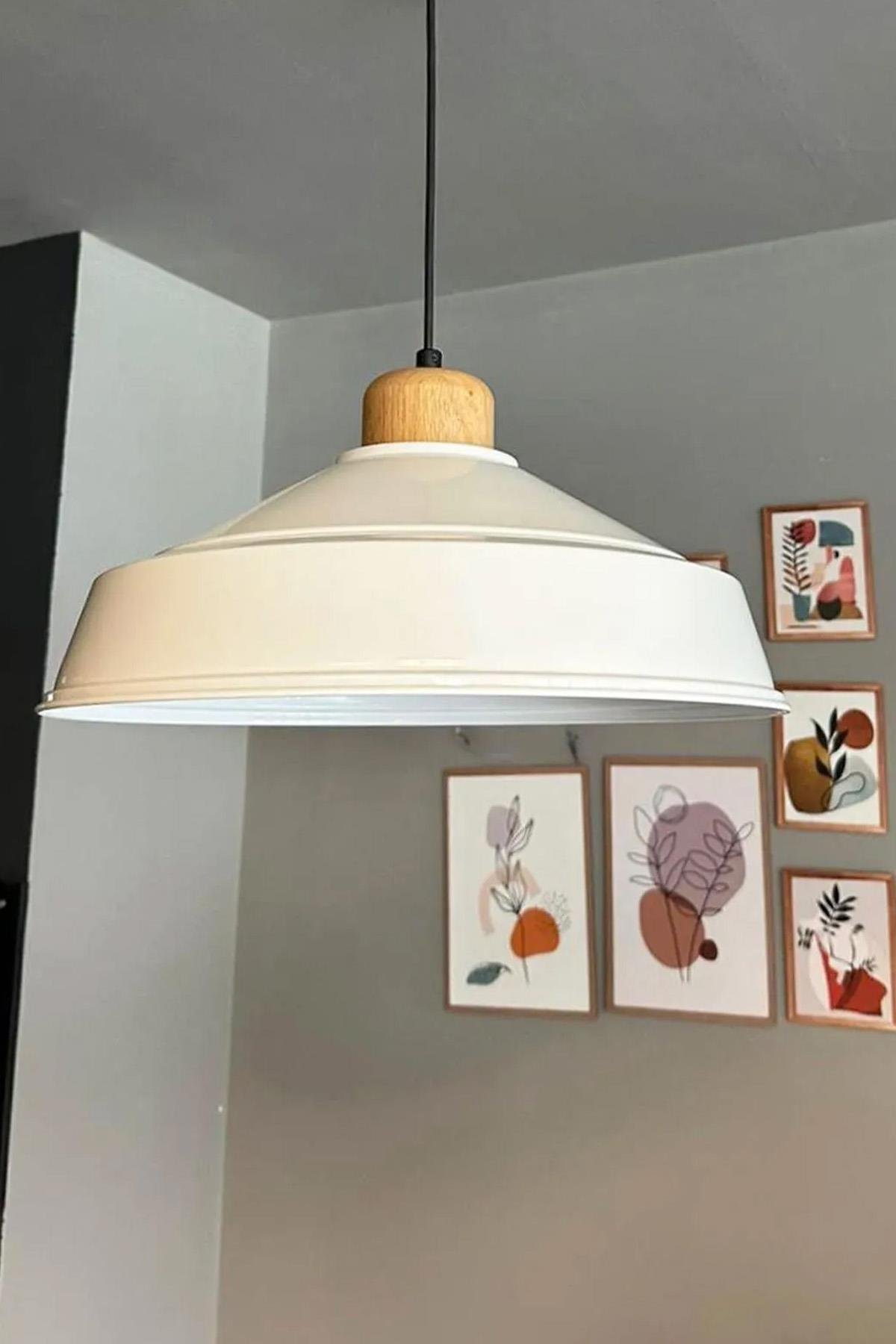 Beyaz Tekli Avize Ahşap Başlık Retro Sarkıt Lamba Restoran Salon Aydınlatma