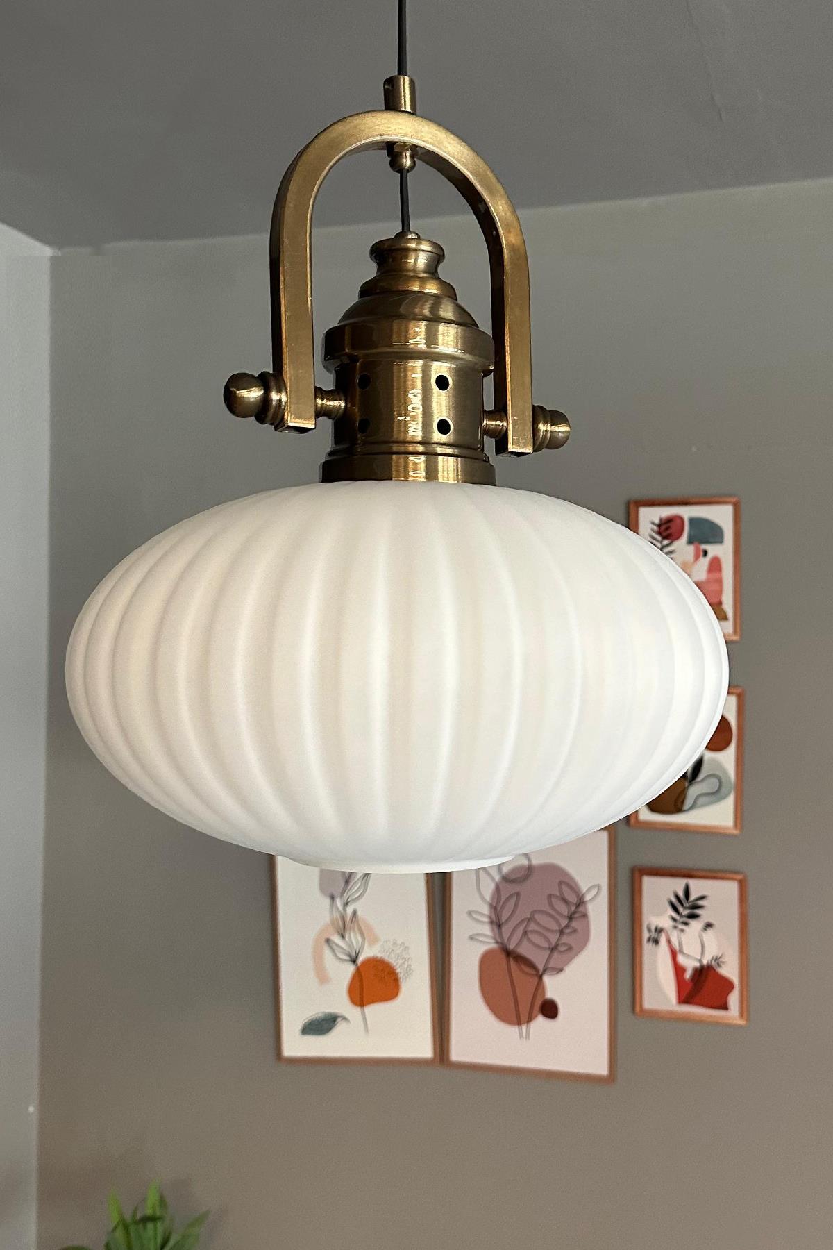 Elegant Beyaz Cam Tekli Avize Delikli Gemici Başlık Retro Sarkıt Lamba Restoran Salon Aydınlatma