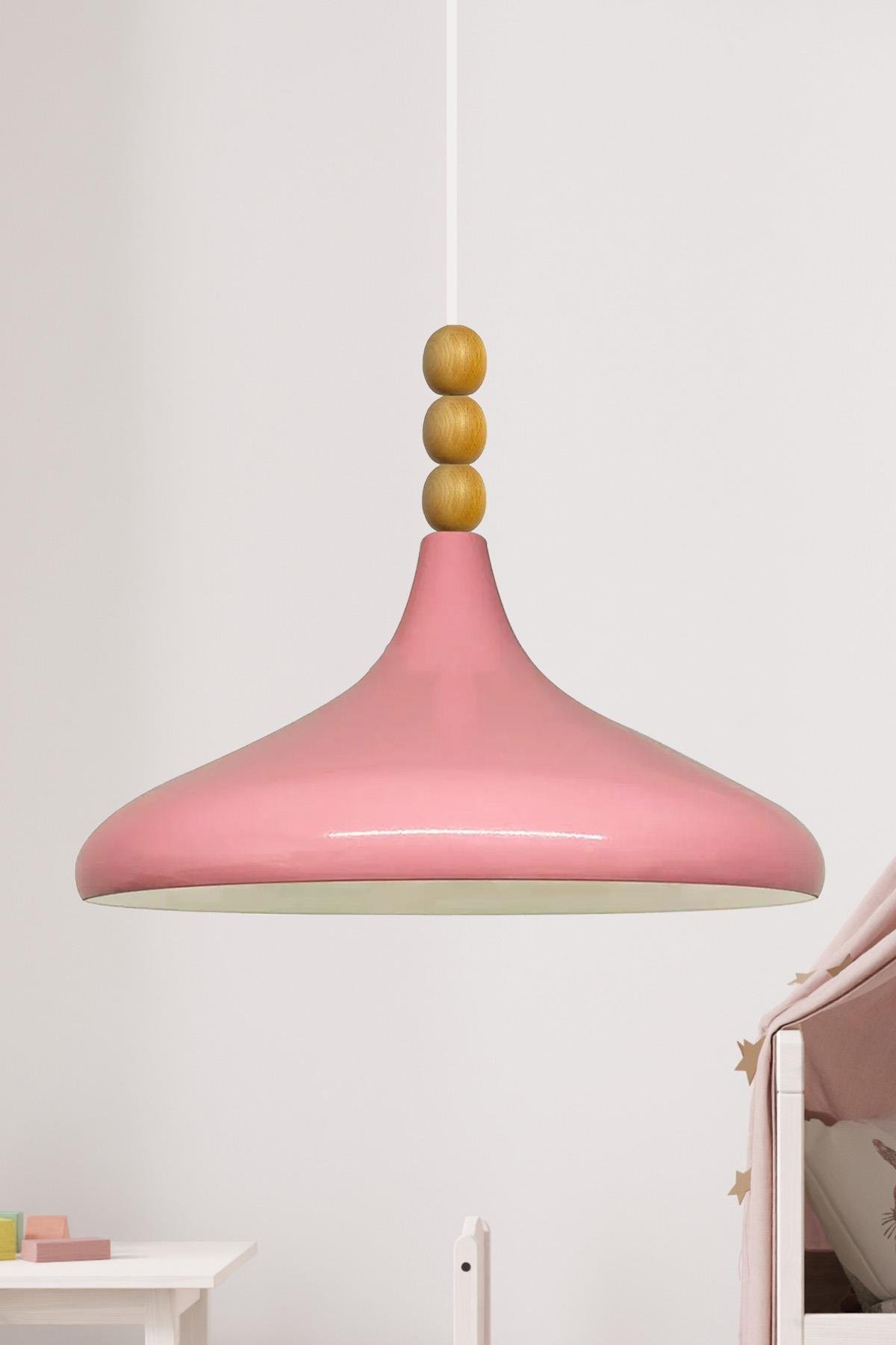 Pembe Champion Ahşap Boncuklu Tekli Avize Sarkıt Salon Mutfak Butik Lamba