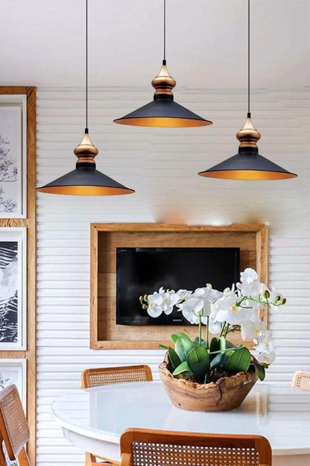 Salon Siyah Üçlü Avize Yemek Masası Oturma Odası Toplantı Masası Mağaza Showroom Avizeleri