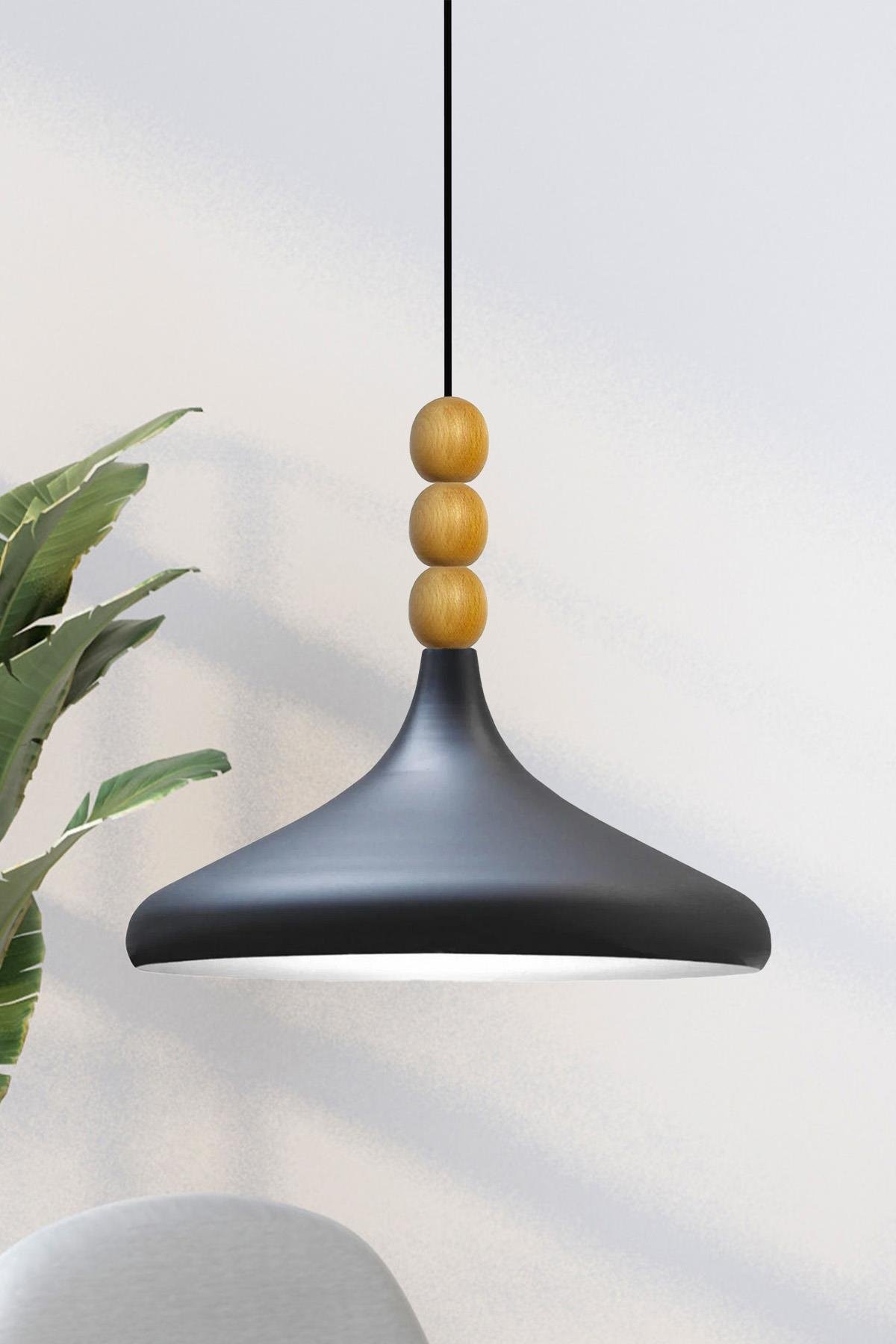 Siyah İç Beyaz Champion Ahşap Boncuklu Tekli Avize Sarkıt Salon Mutfak Butik Lamba
