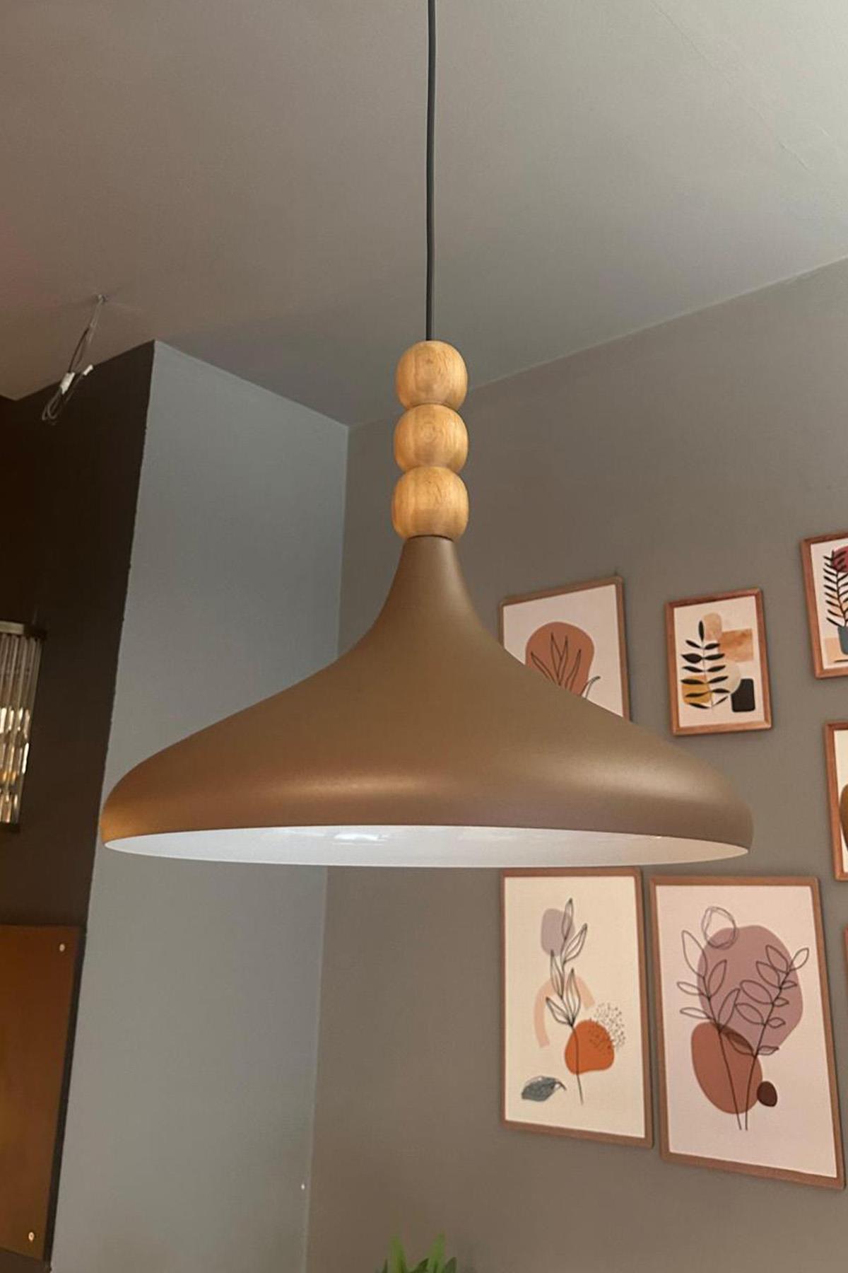 Sütlü Kahve Champion Ahşap Boncuklu Tekli Avize Sarkıt Salon Mutfak Butik Lamba Aydınlatma Avizeler
