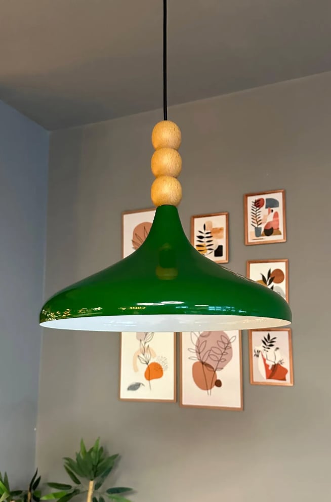 Yeşil Ahşap Boncuklu Tekli Avize Sarkıt Salon Mutfak Butik Lamba Aydınlatma