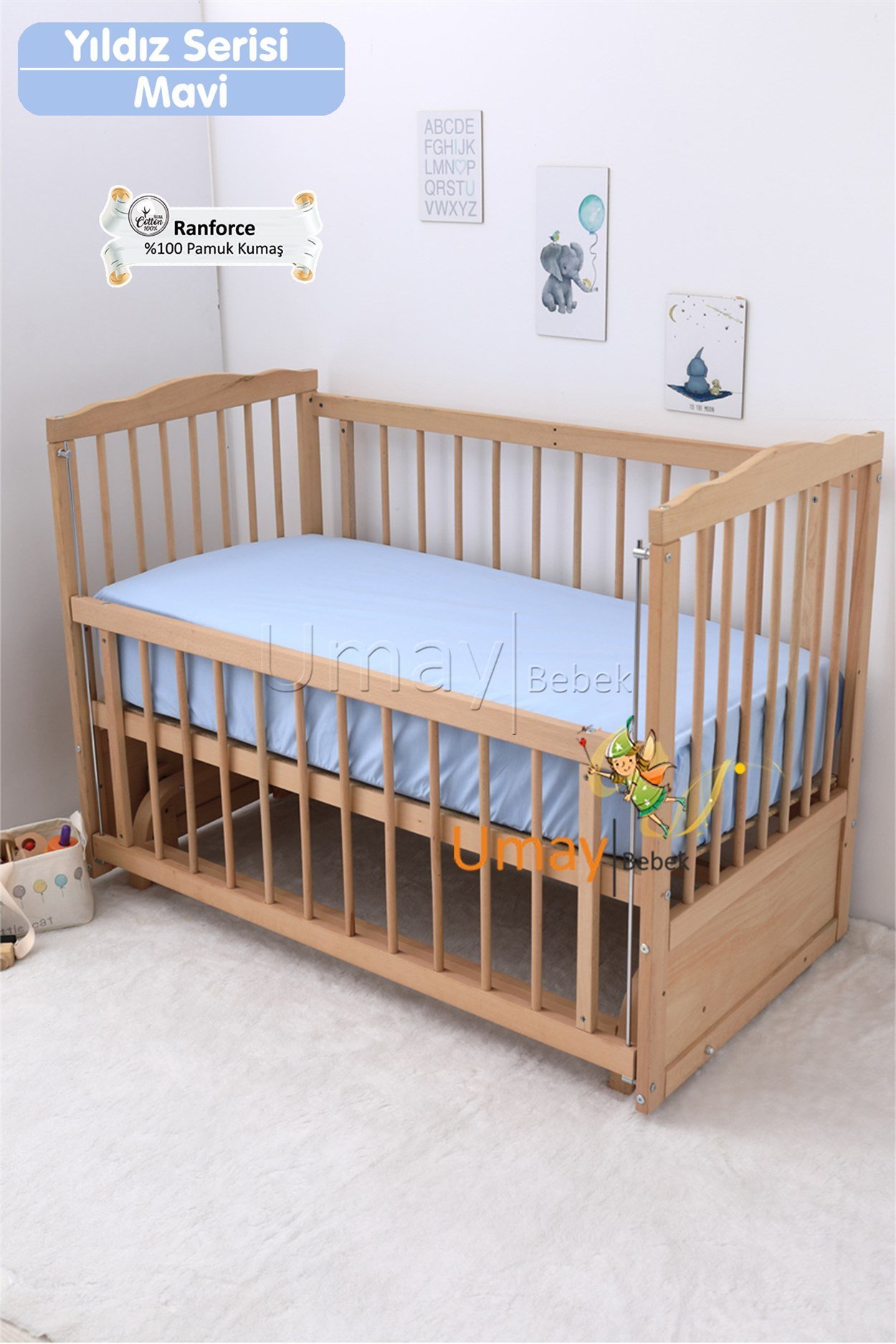 Umay Bebek Bebek Nevresim Takımı Lastik Çarşaf %100 Pamuk (Mavi Yıldız)