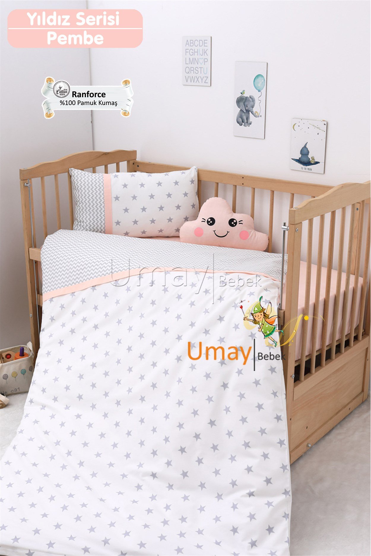 Umay Bebek Bebek Nevresim Takımı Lastik Çarşaf %100 Pamuk (Pembe Yıldız)