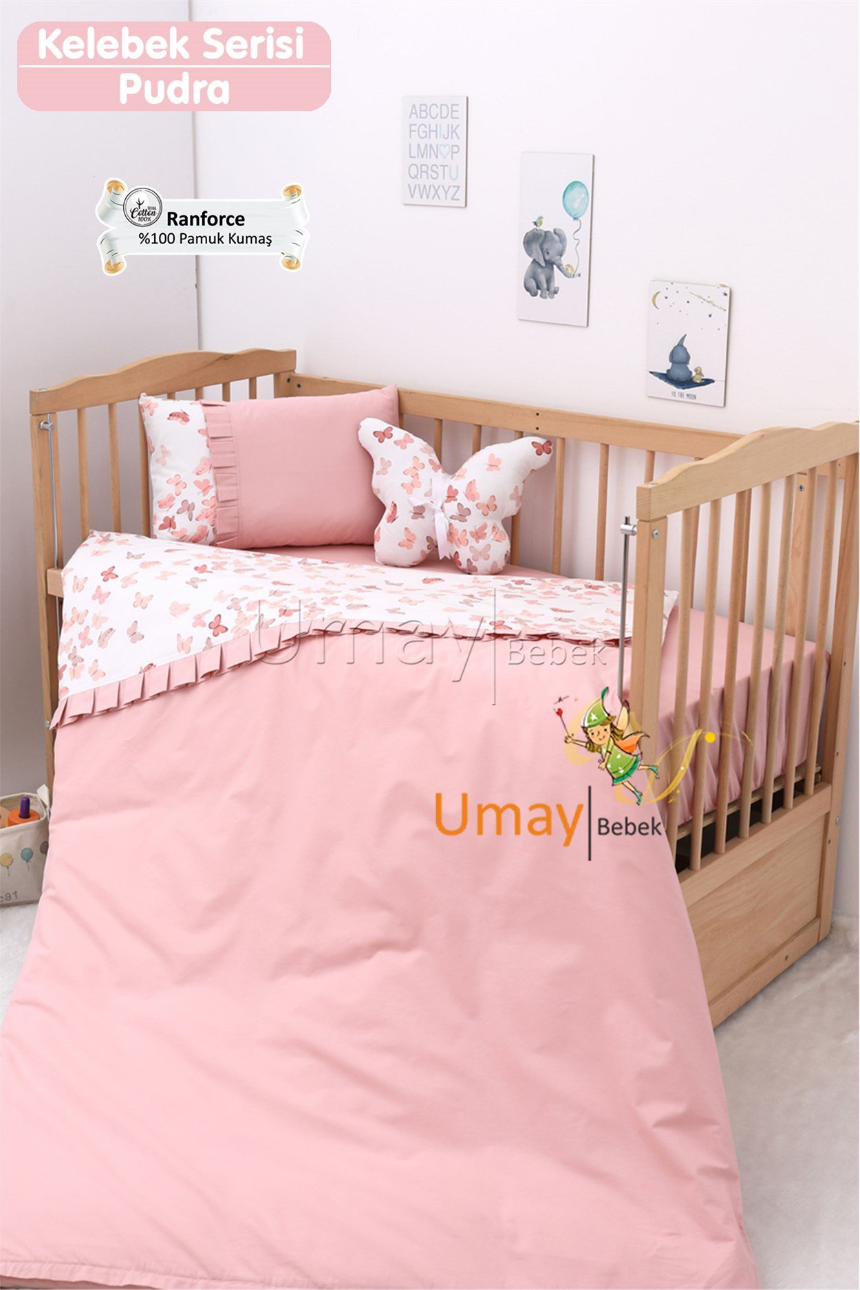Umay Bebek Bebek Nevresim Takımı Lastik Çarşaf %100 Pamuk (Pudra Kelebek)