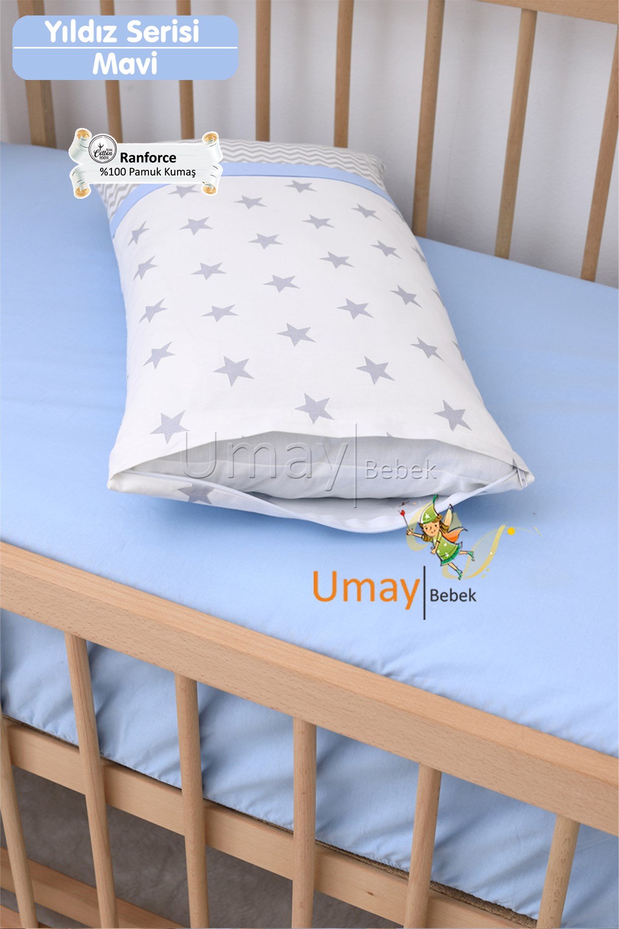 Umay Bebek Bebek Nevresim Takımı Lastik Çarşaf %100 Pamuk (Mavi Yıldız)