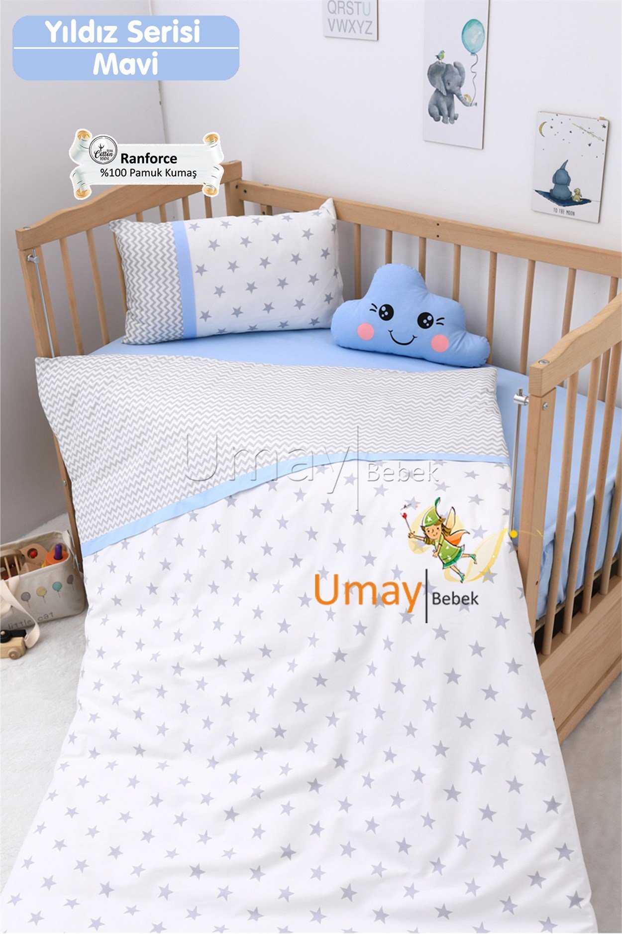 Umay Bebek Bebek Nevresim Takımı Lastik Çarşaf %100 Pamuk (Mavi Yıldız)