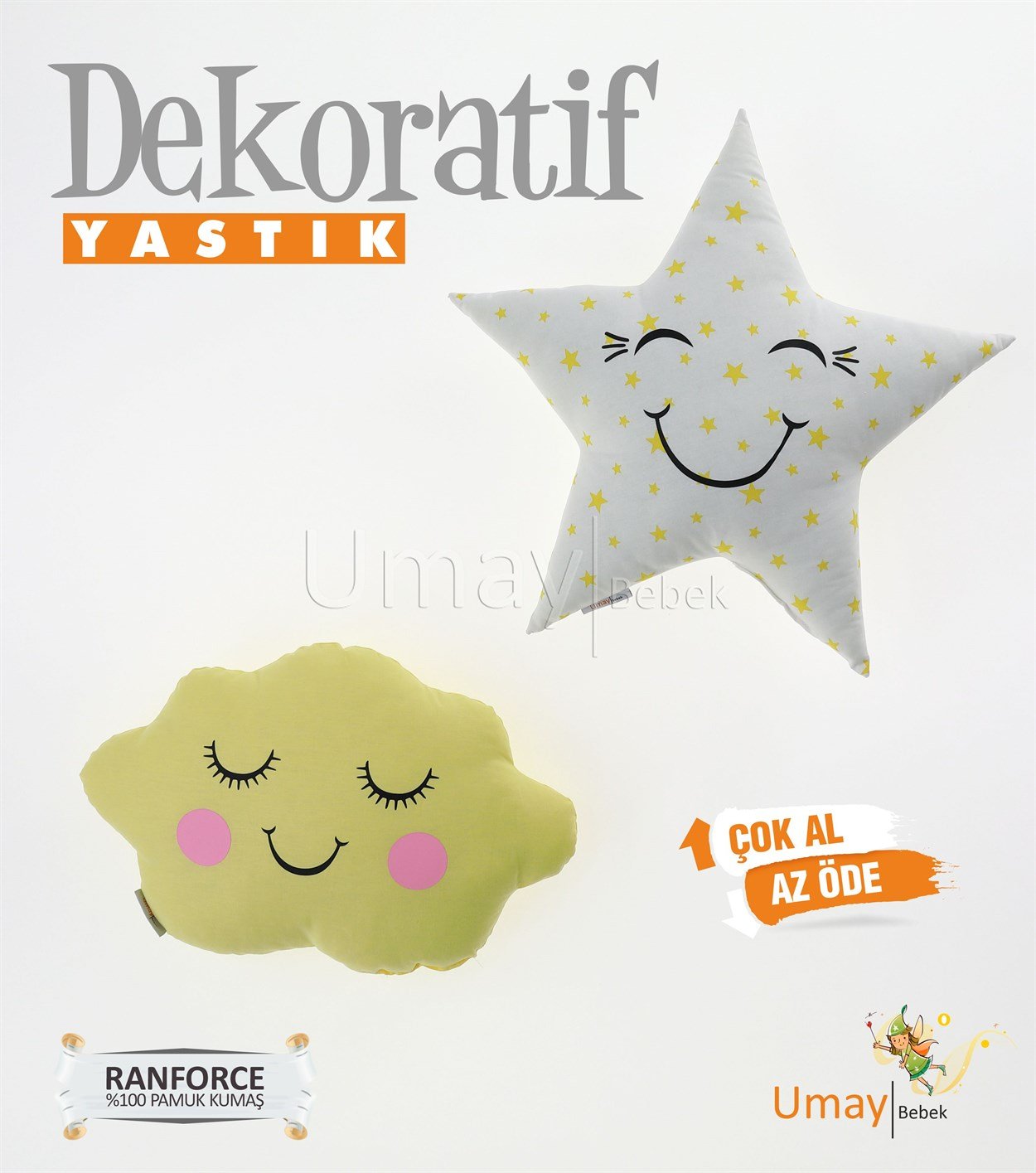Umay Bebek2'li Dekoratif Bebek Yastığı %100 Pamuklu Kumaş - Gözü Kapalı Yıldız - Sarı