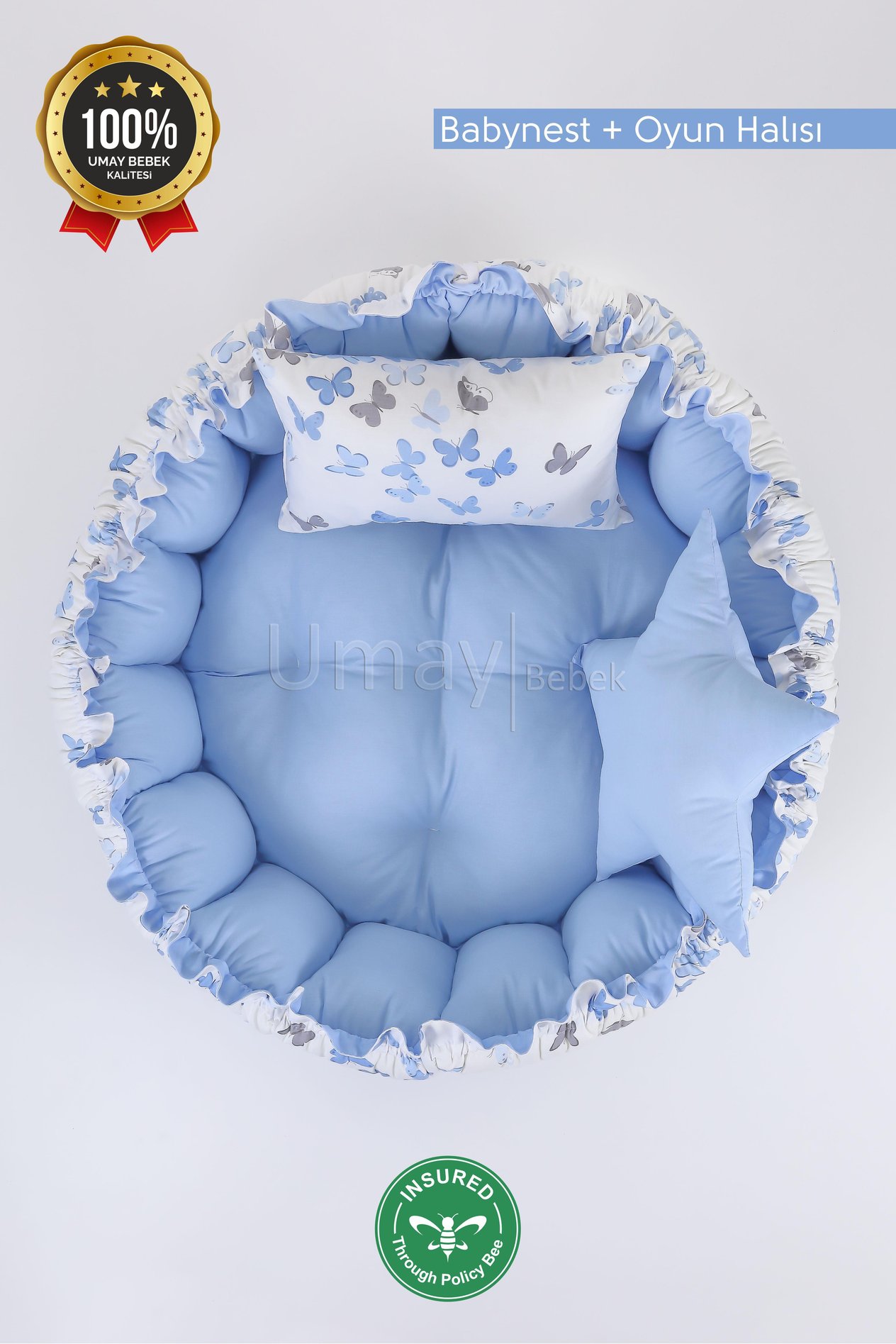 Umay Bebek3'lü Set Yatak Ve Yastık, Yuvarlak Babynest, Oyun Halısı, Bebek Yatak - Mavi Kelebek
