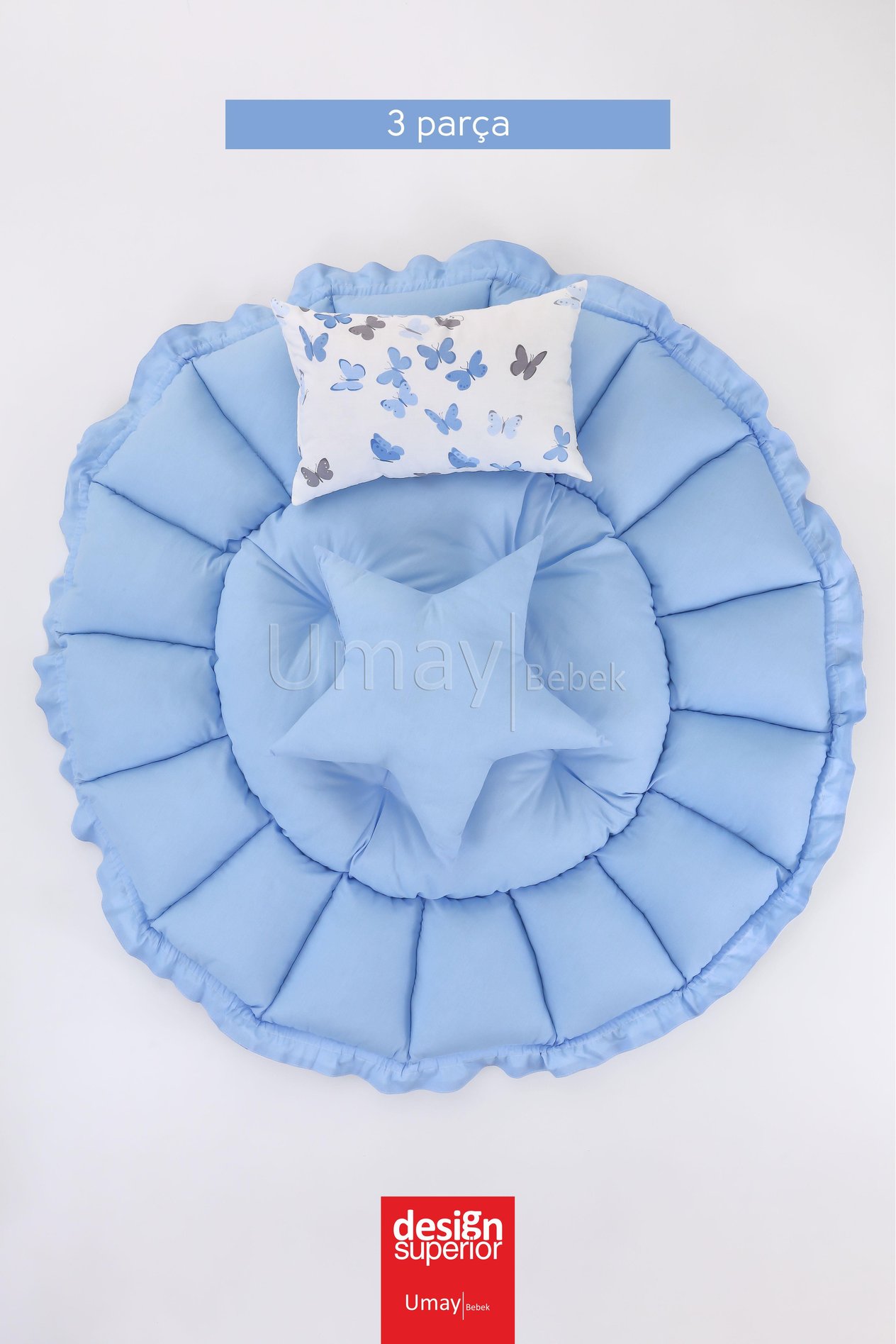 Umay Bebek3'lü Set Yatak Ve Yastık, Yuvarlak Babynest, Oyun Halısı, Bebek Yatak - Mavi Kelebek