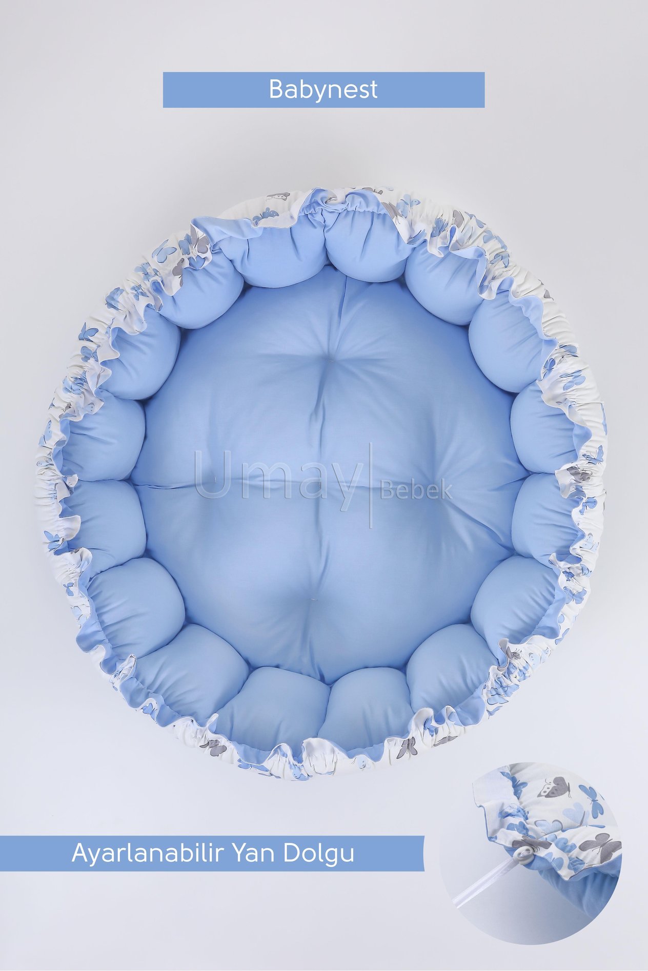 Umay Bebek3'lü Set Yatak Ve Yastık, Yuvarlak Babynest, Oyun Halısı, Bebek Yatak - Mavi Kelebek