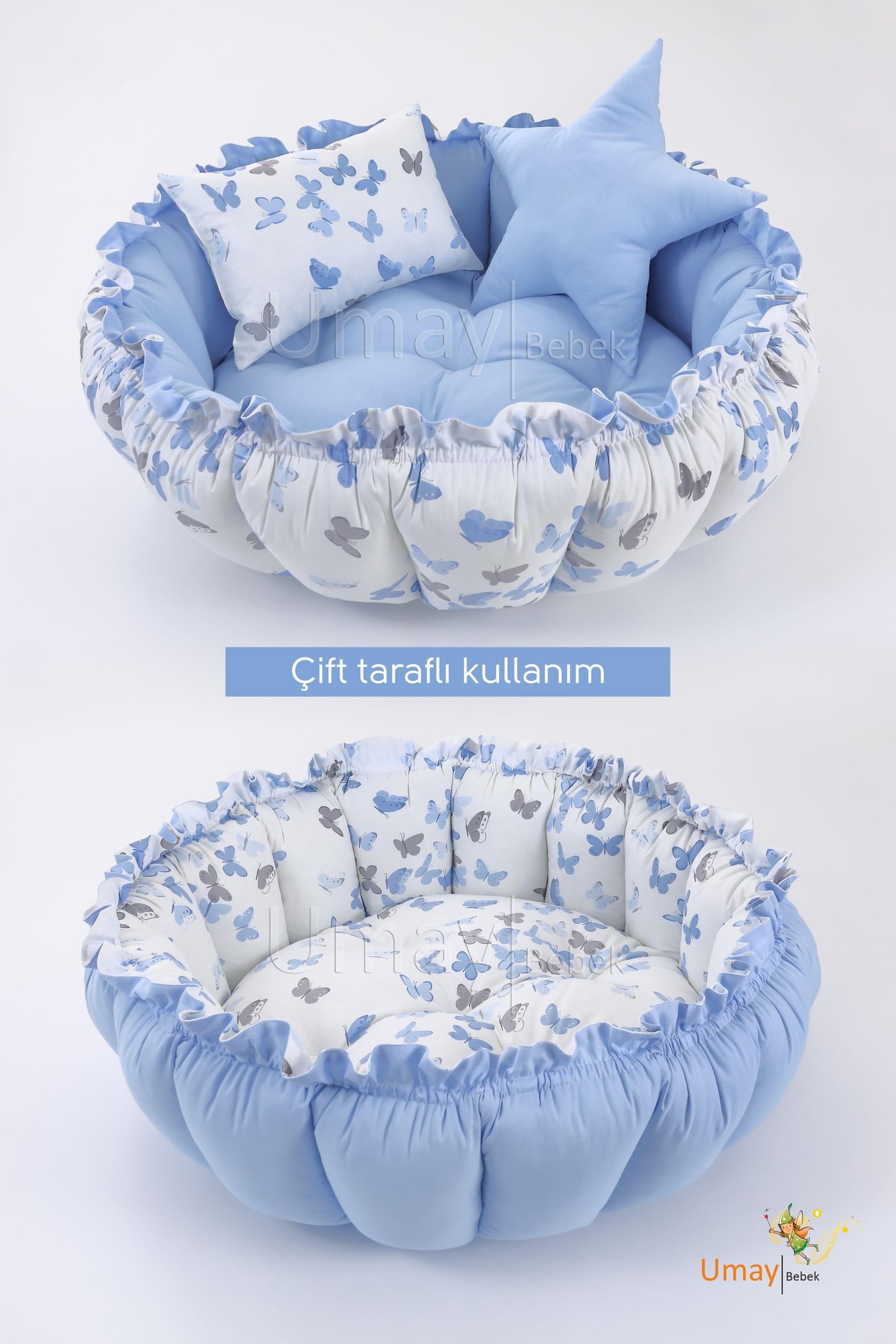 Umay Bebek3'lü Set Yatak Ve Yastık, Yuvarlak Babynest, Oyun Halısı, Bebek Yatak - Mavi Kelebek