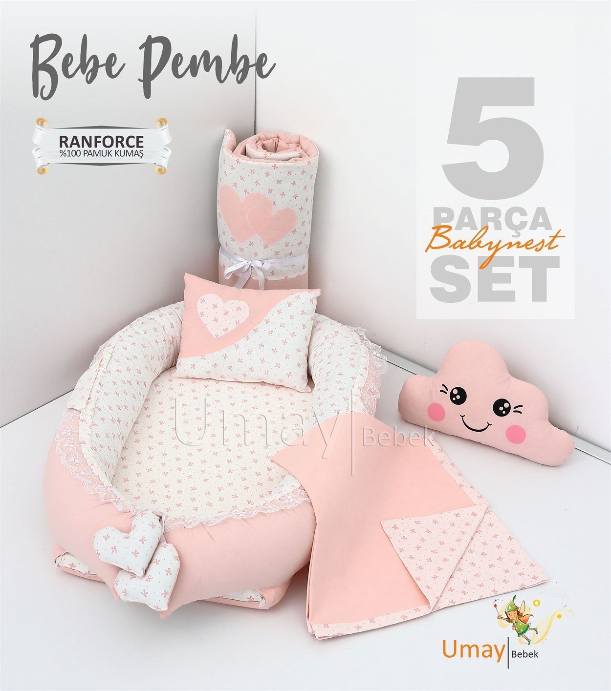 Umay Bebek5 parça Babynest, bebek pikesi, yorganı, dekoratif gülen yastık - Bebe Pembe