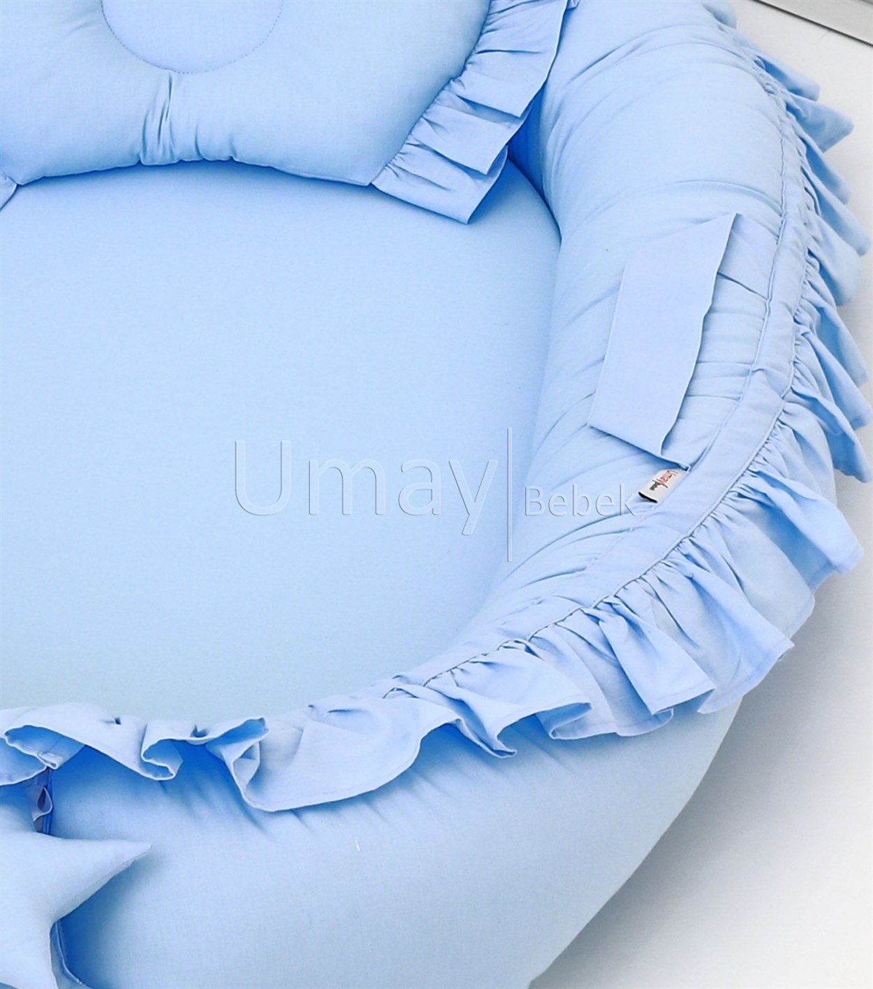 Umay Bebek5 parça Babynest, bebek pikesi, yorganı, dekoratif gülen yastık - Mavi Fırfırlı