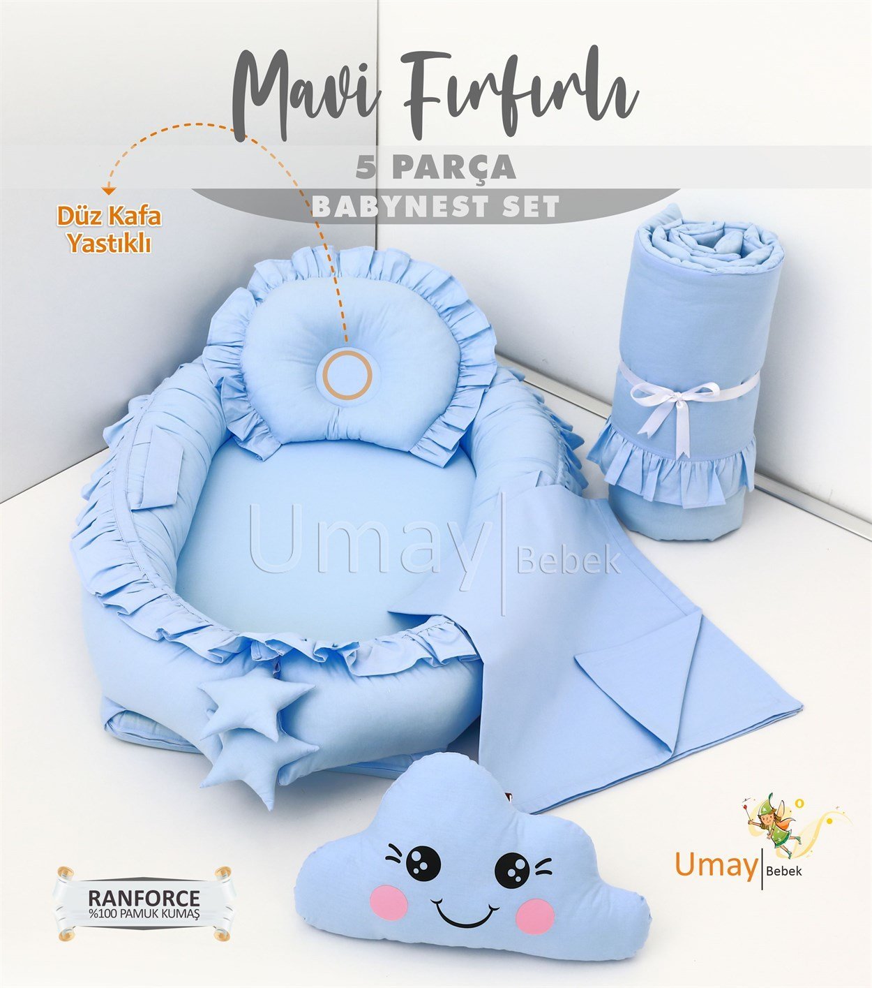 Umay Bebek5 parça Babynest, bebek pikesi, yorganı, dekoratif gülen yastık - Mavi Fırfırlı