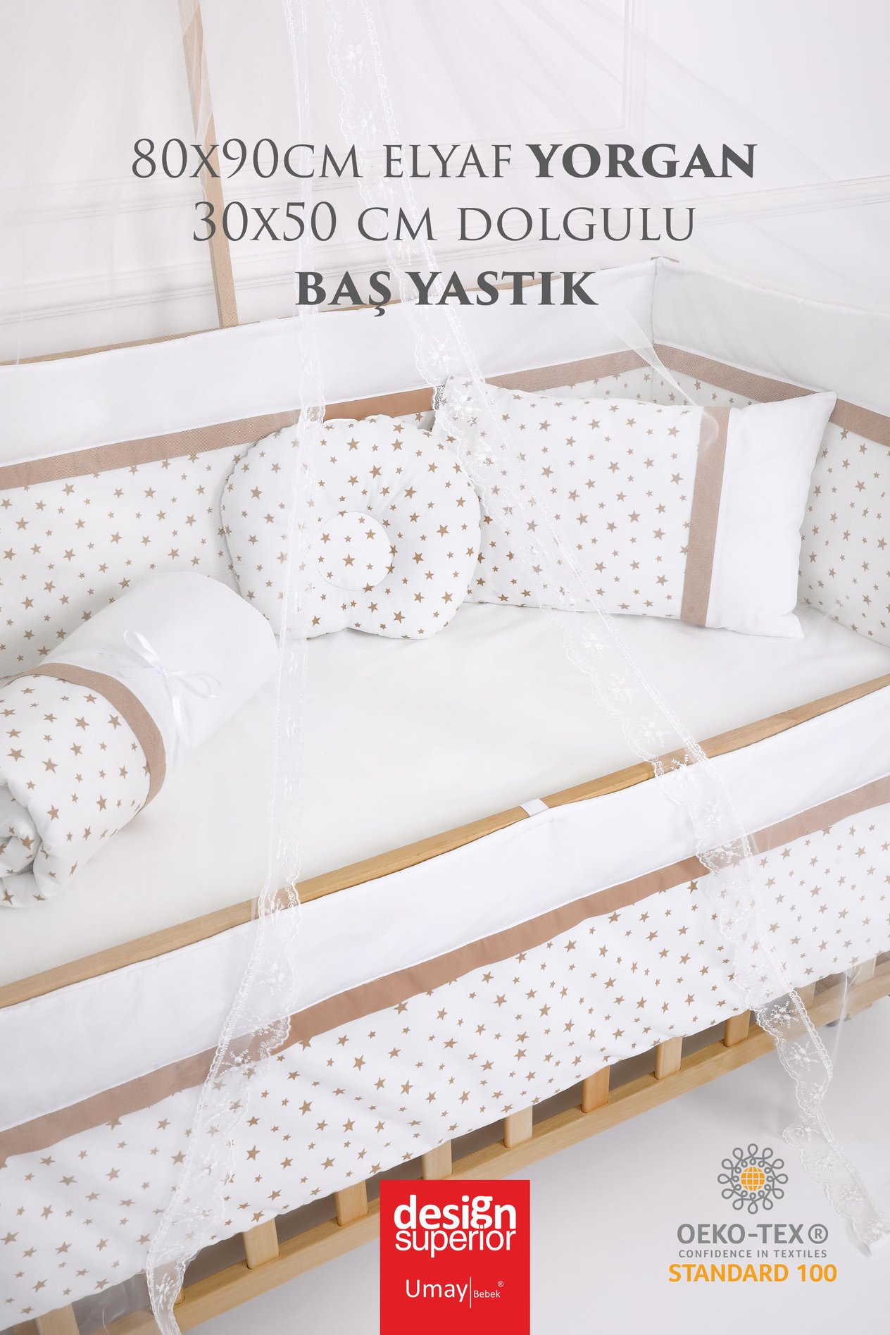 Umay BebekAhşap Beşik, Anne Yanı, Sallanır, Tekerlekli, Organik, Korumalıklı Uyku Seti - Kahve + Yatak 60x120 cm