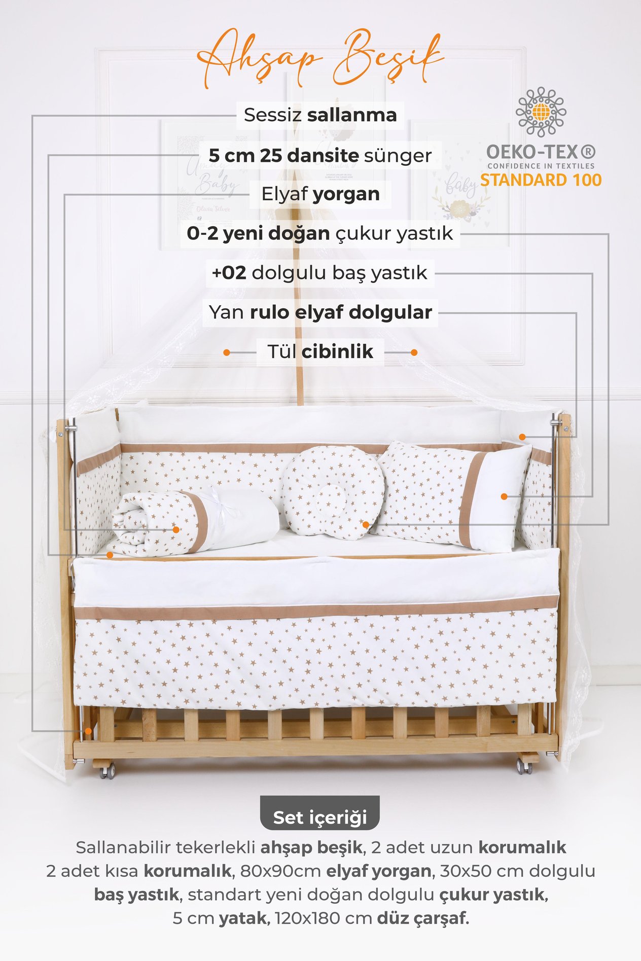 Umay BebekAhşap Beşik, Anne Yanı, Sallanır, Tekerlekli, Organik, Korumalıklı Uyku Seti - Kahve + Yatak 60x120 cm
