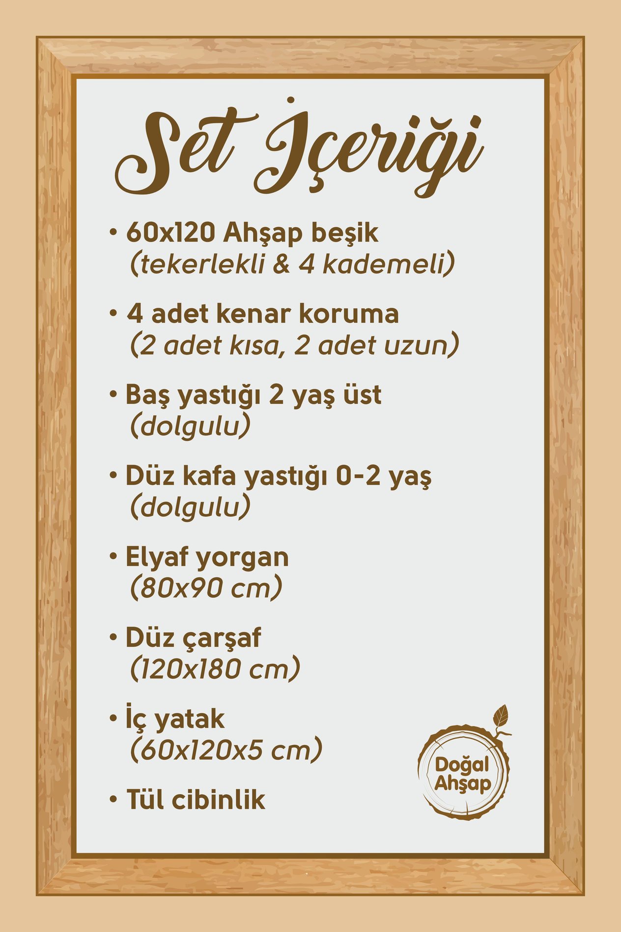 Umay BebekAhşap Beşik, Anne Yanı, Sallanır, Tekerlekli, Organik, Korumalıklı Uyku Seti - Kahve + Yatak 60x120 cm