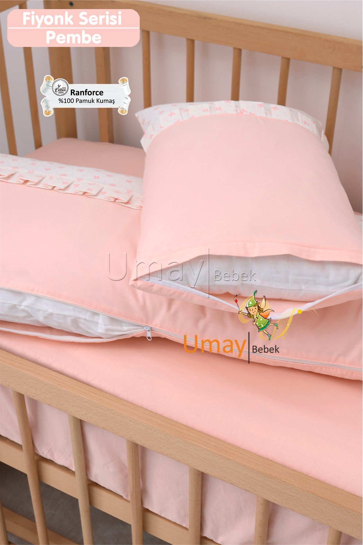 Umay BebekBebek Nevresim Takımı Dolgu Yastık Korumalık Lastikli Çarşaf %100 Pamuk Kumaş (Bebe Pembe)