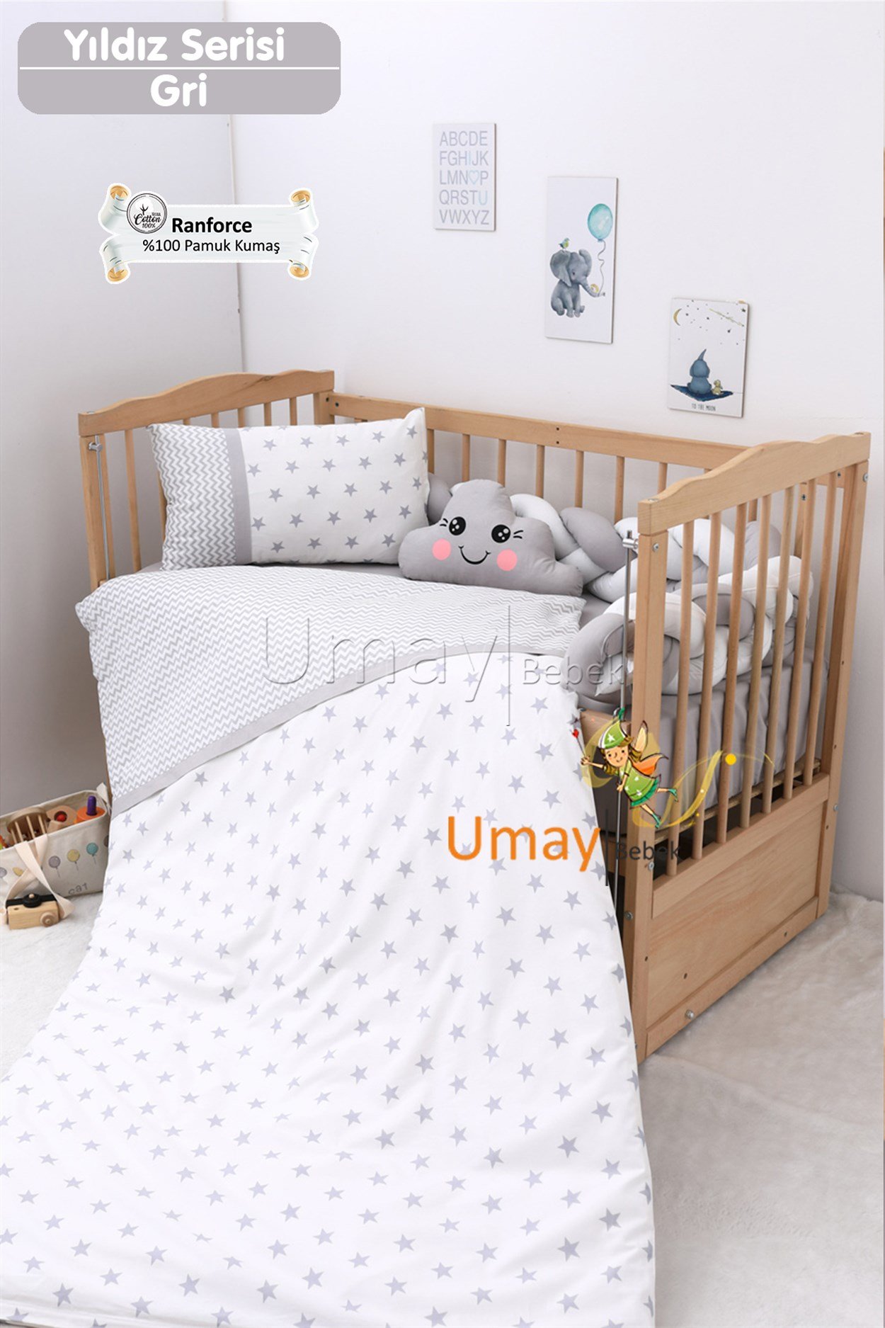 Umay BebekBebek Nevresim Takımı Lastikli Çarşaf Organizeli %100 Pamuk Kumaş (GriYıldız)