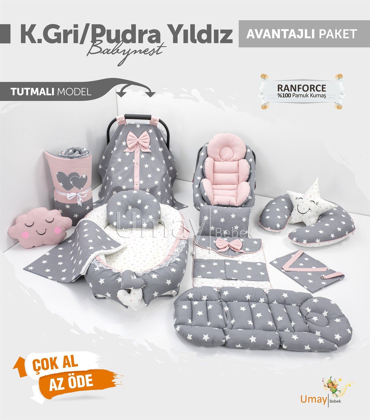 Umay BebekKoyu Gri/Pudra Yıldızlı Komple Set