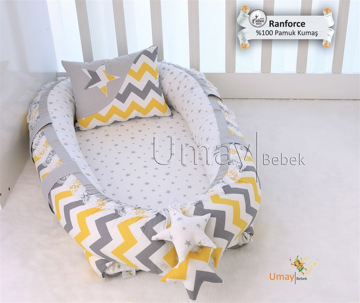 Umay BebekSarı Gri Zigzag Babynest Bebek Yatağı 