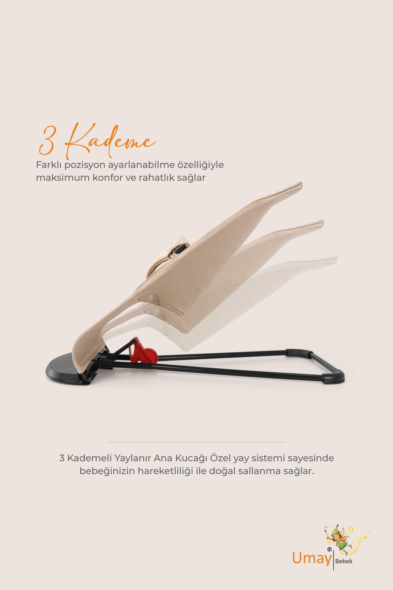 Umay BebekÜç Kademeli, Kolay Taşınabilir, Katlanabilir, Sallanan, Bebek Ana Kucağı, Anne yanı - Bej 