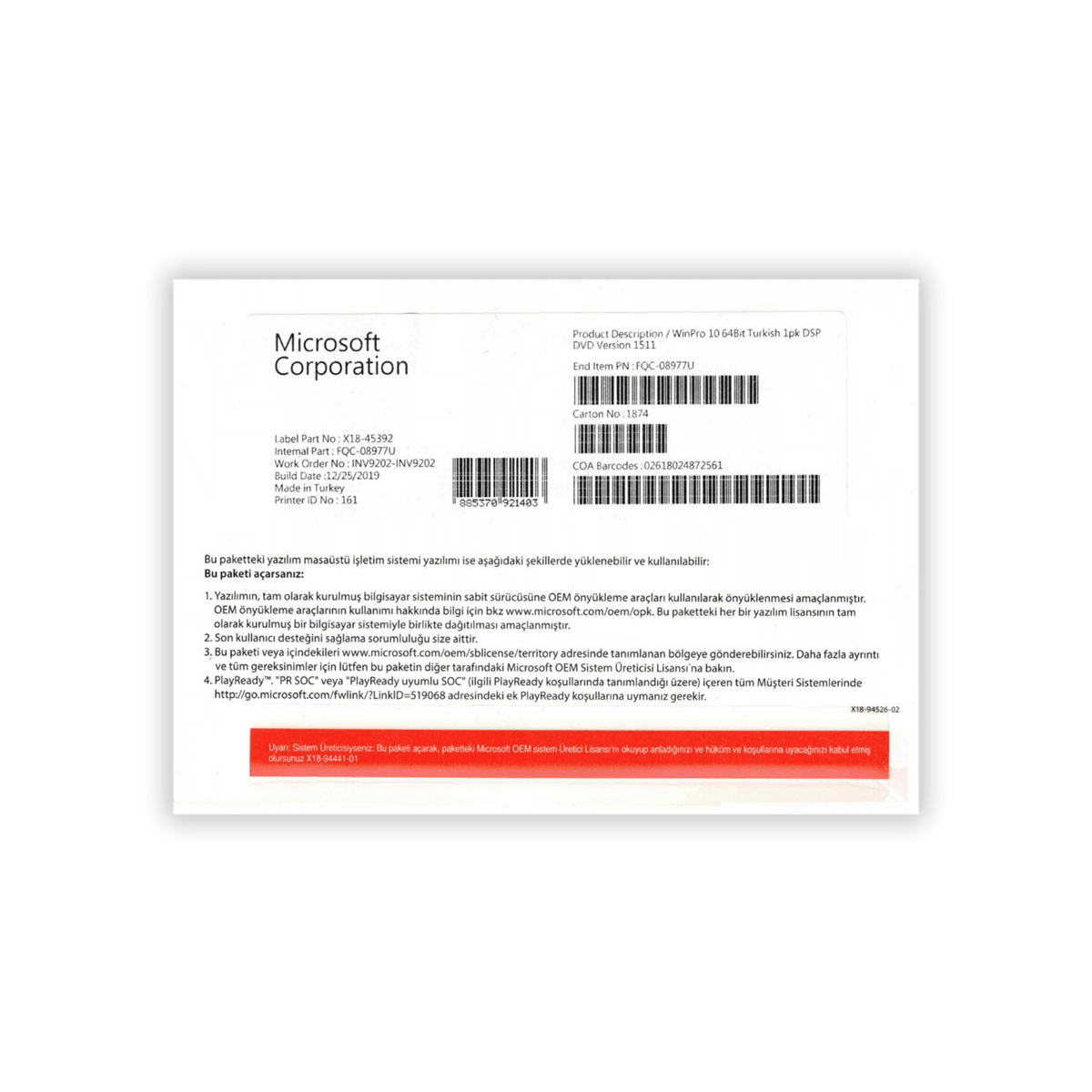 MicrosoftMicrosoft Windows 10 Pro ENG Oem (64 Bit) FQC-08929İşletim Sistemleri