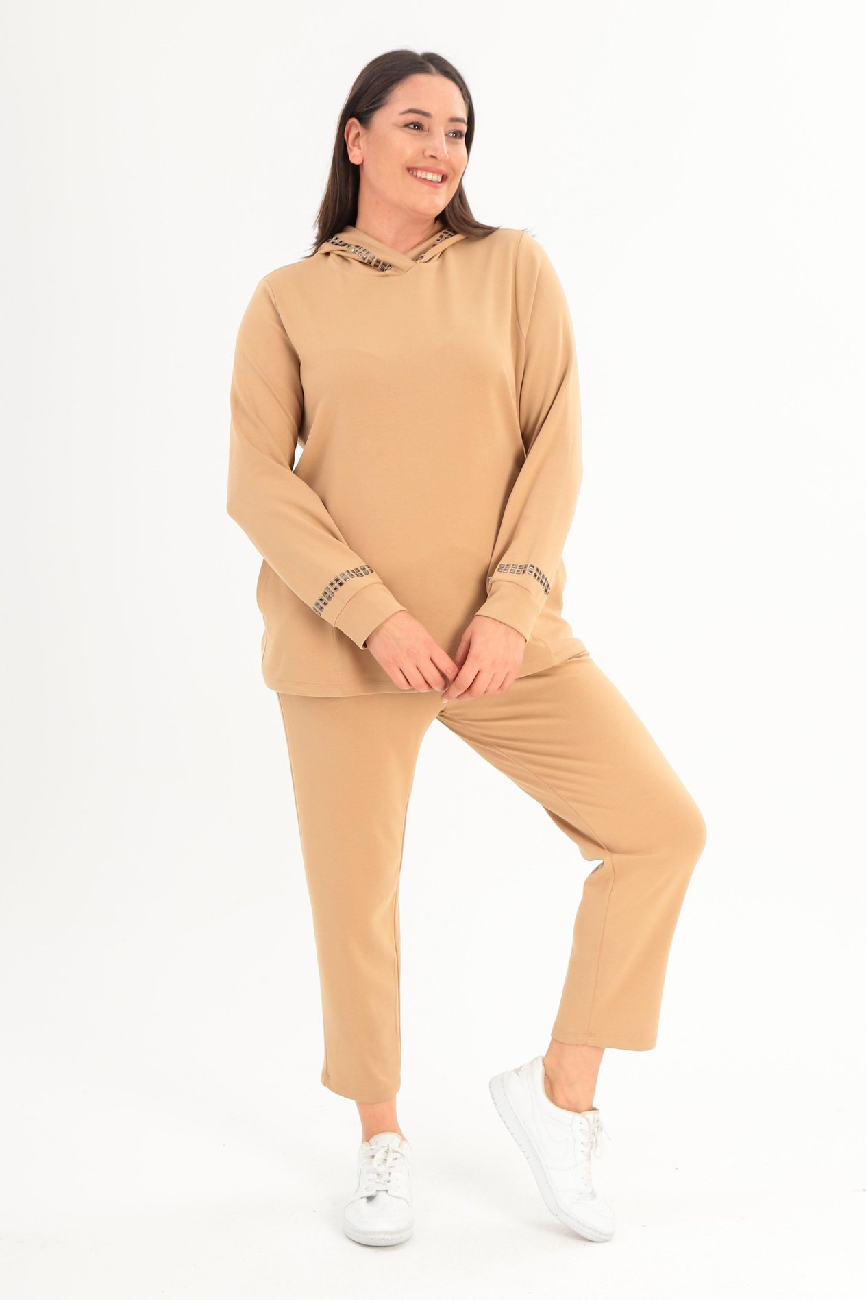 Trend42plus Büyük Beden Kapüşon Yaka Sweat Pantolon Bej Takım 