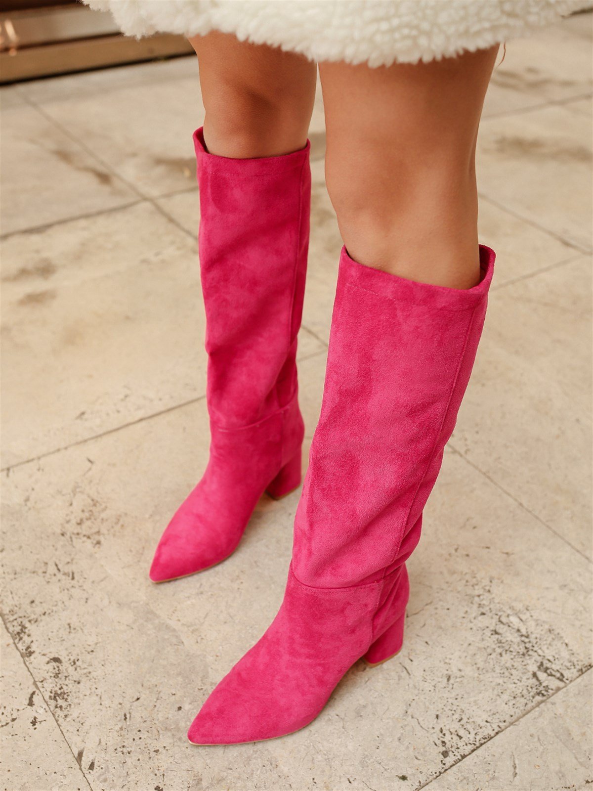 Pembe Süet 5 Cm Topuk Çizme Kante