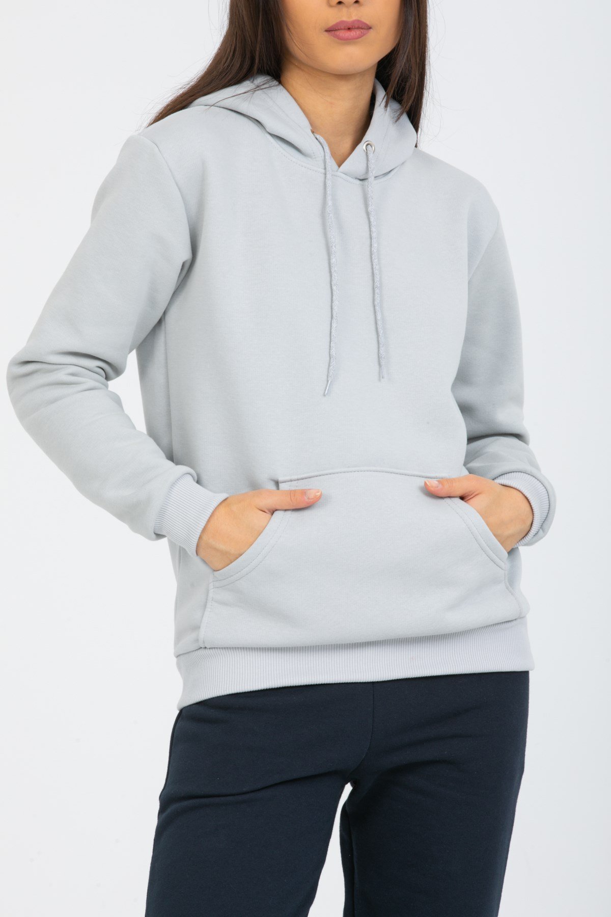 Açık Gri Üç İplik Kapüşonlu Sweatshirt