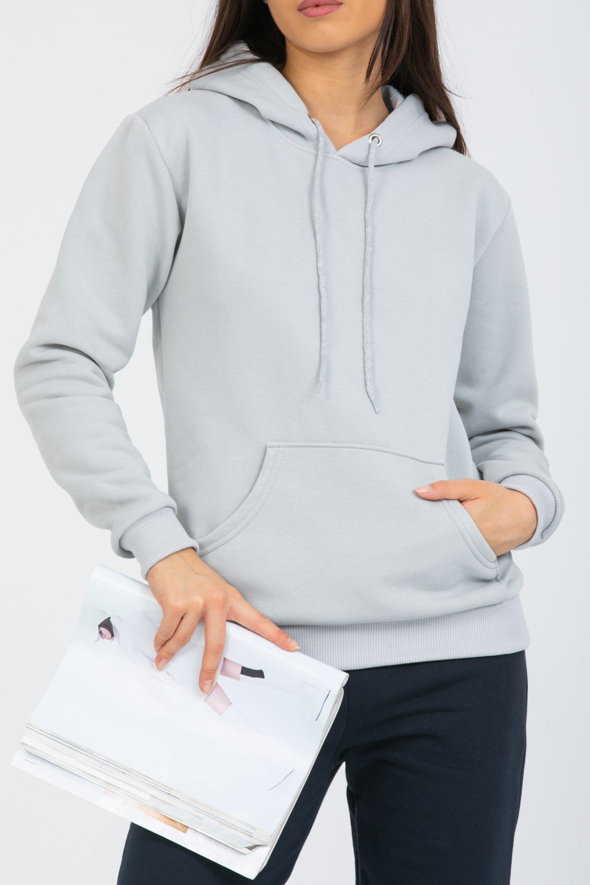 Açık Gri Üç İplik Kapüşonlu Sweatshirt