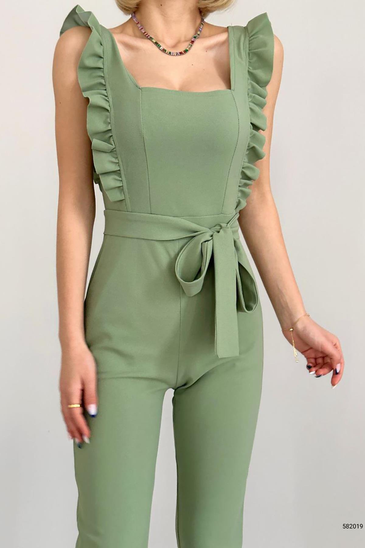Mint İthal Krep Kumaş Yaka Fırfırlı Tulum