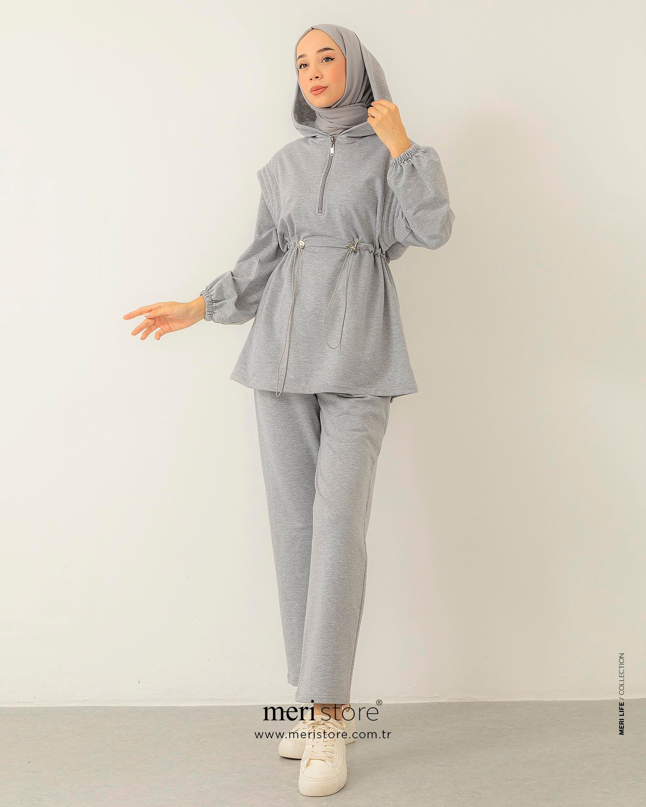 Beli Lastikli Sweat Pantolon Gri Takım
