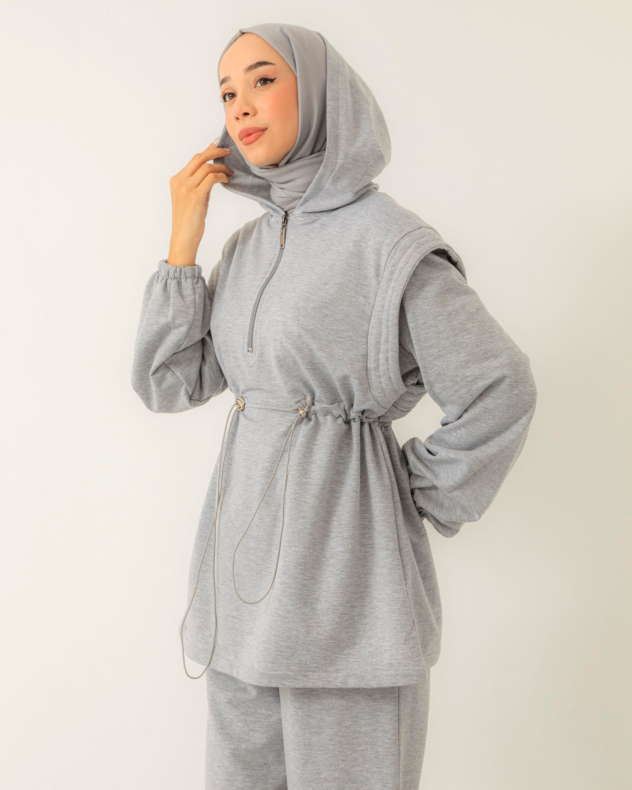 Beli Lastikli Sweat Pantolon Gri Takım