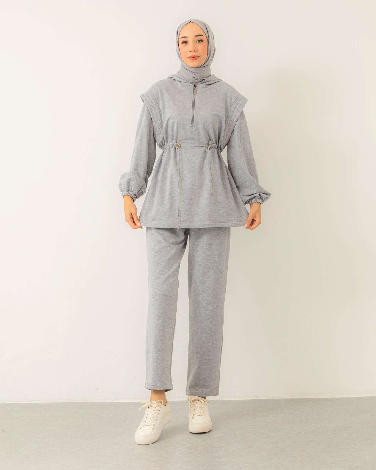 Beli Lastikli Sweat Pantolon Gri Takım