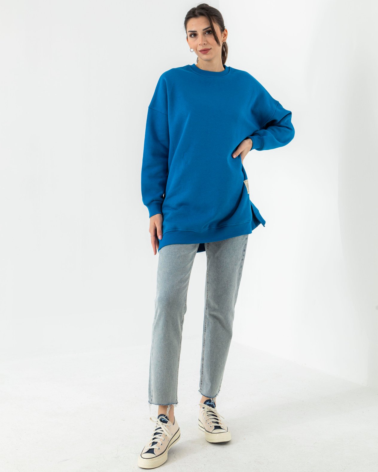 Bisiklet Yaka Mavi Sweat