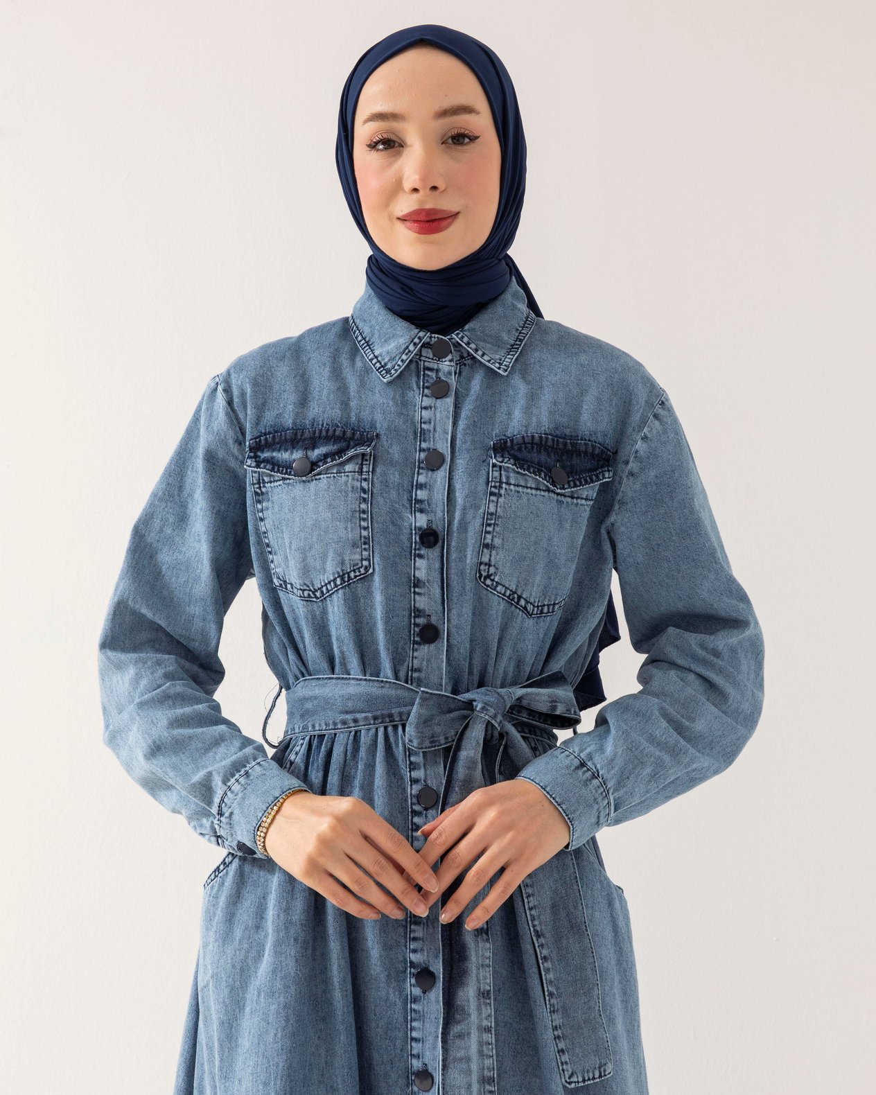 Boydan Düğmeli Cep Detaylı Mavi Denim Elbise