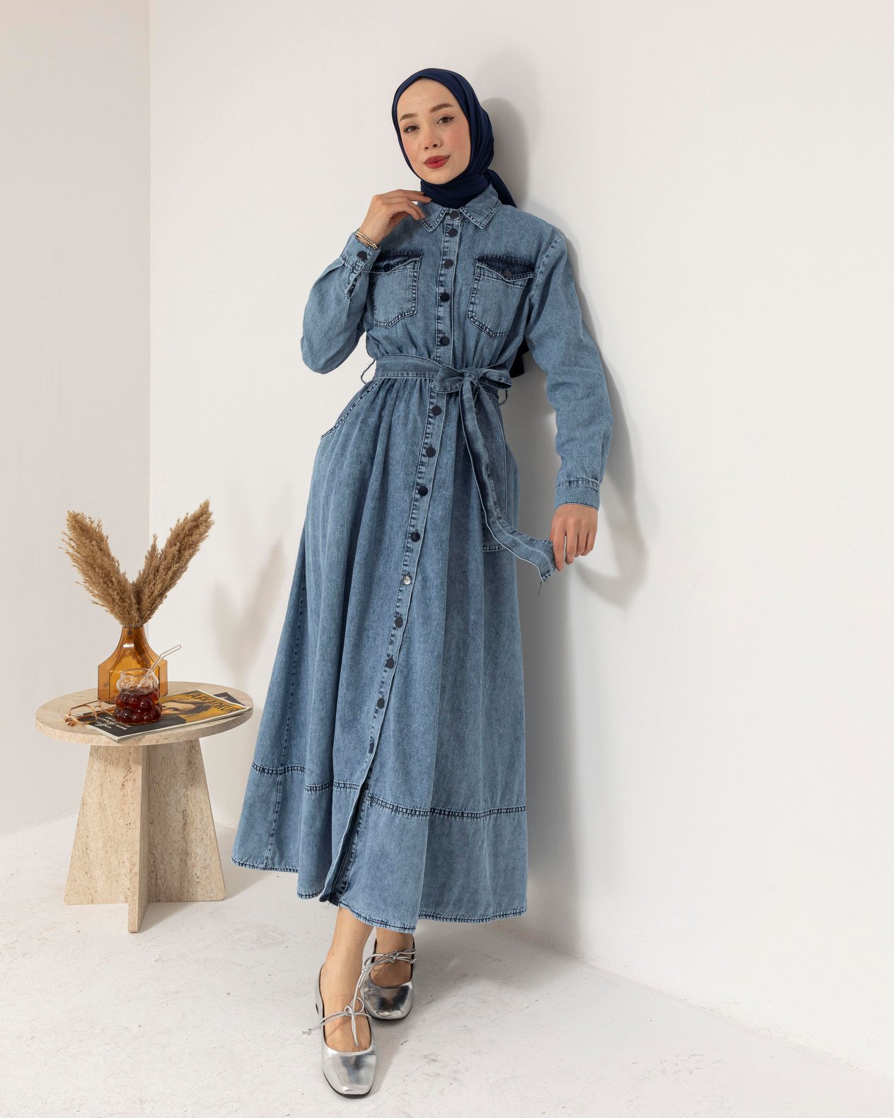 Boydan Düğmeli Cep Detaylı Mavi Denim Elbise