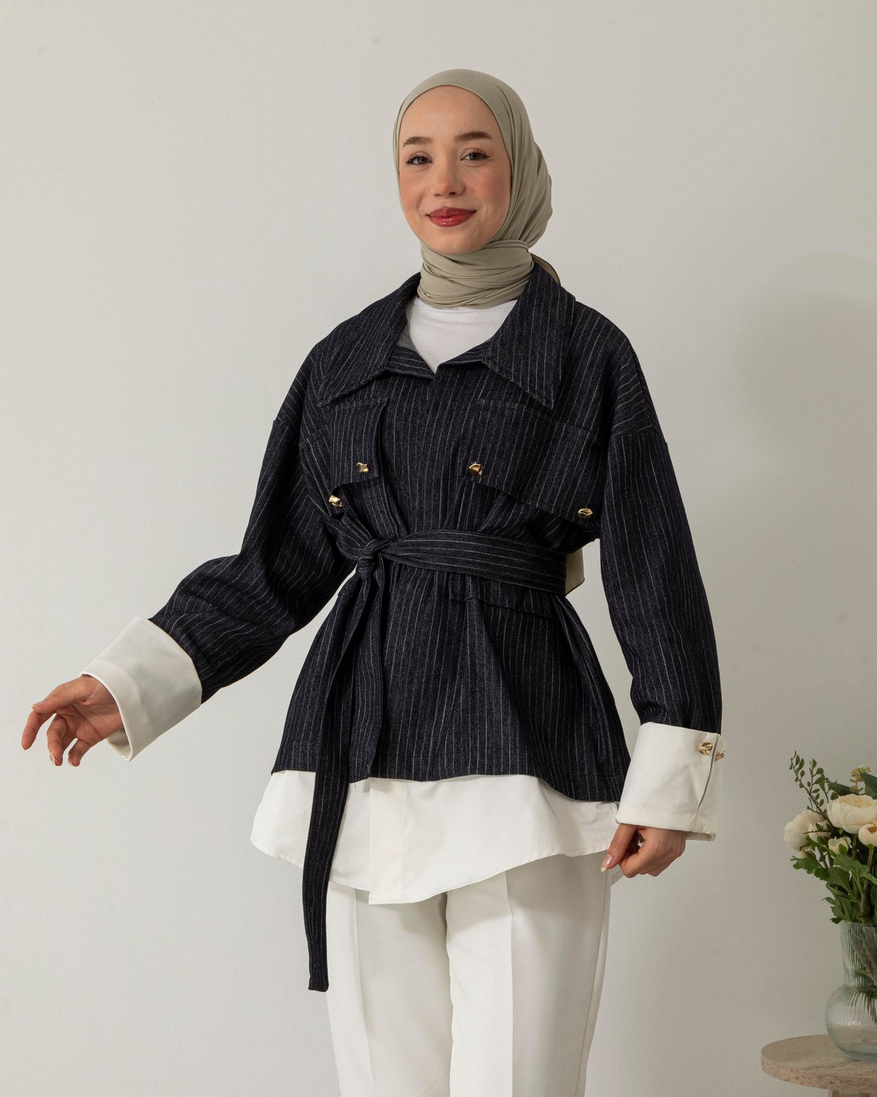 Çizgilli Lacivert Denim Ceket