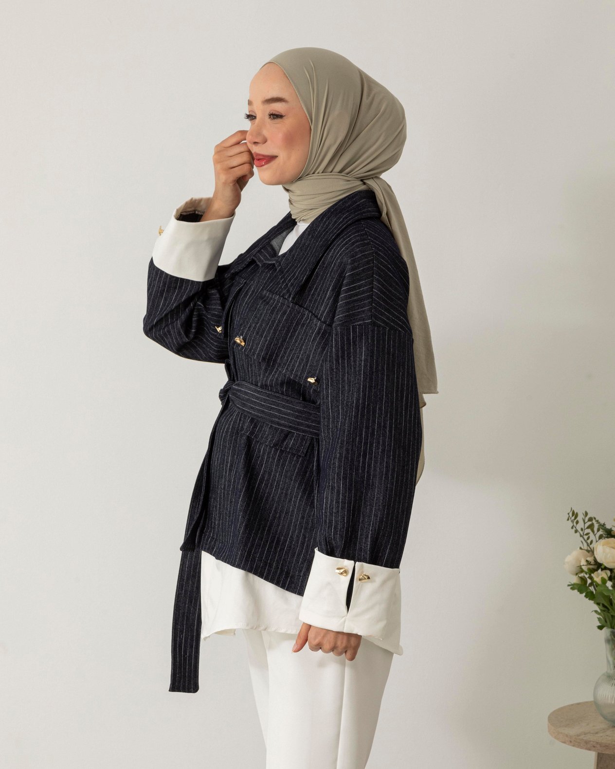 Çizgilli Lacivert Denim Ceket