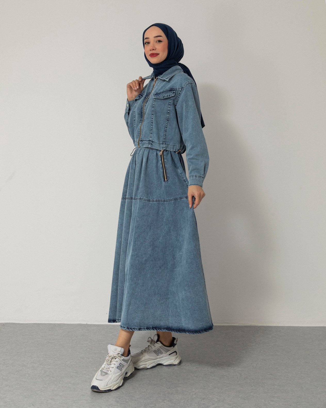 Fermuarlı Ceket Etek Mavi Denim Takım