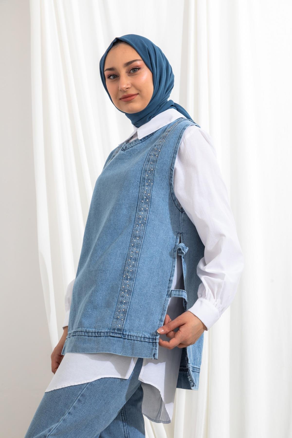 Gömlek Süveter Detaylı Buz Mavi Denim Takım