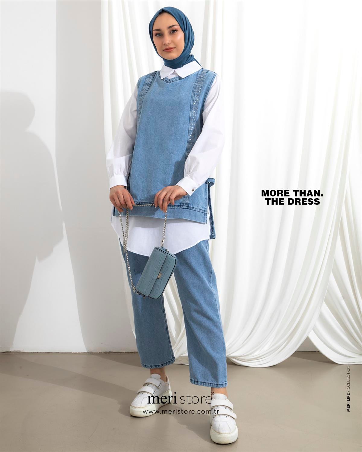 Gömlek Süveter Detaylı Buz Mavi Denim Takım