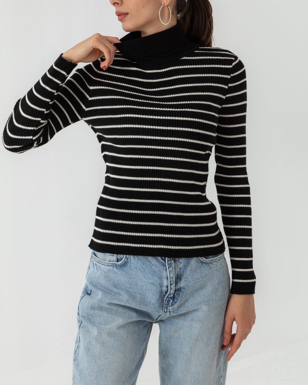 Oversize Boğazlı Çizgili Siyah Body