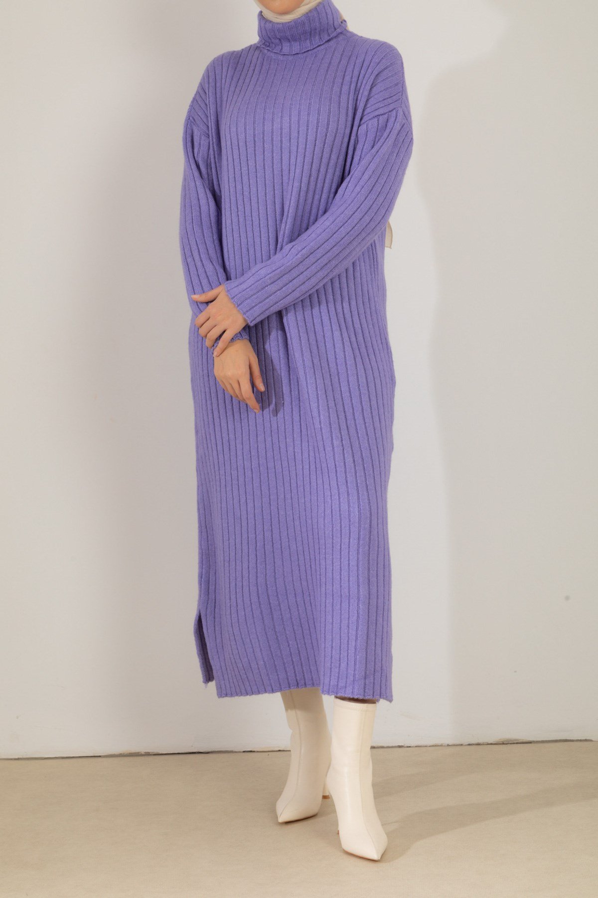 Oversize Boğazlı Fitilli Lila Triko Elbise